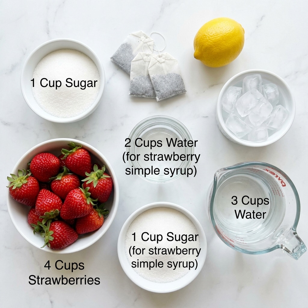 The image shows an overhead view of several small white bowls and a transparent glass measuring cup arranged on a white marbled surface. One white bowl holds bright red strawberries with green tops, labeled as