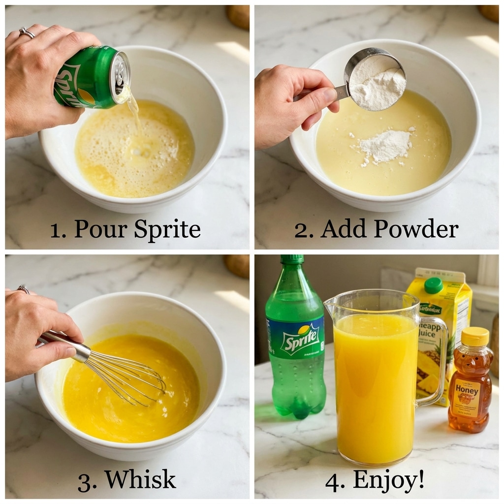 The image shows a step-by-step process of mixing a drink in a white mixing bowl placed on a white marbled surface. In the first step, a woman's hand pours a light yellow liquid from a can into the bowl filled with a slightly frothy yellow base. In the second step, a woman's hand adds a white powder from a metal measuring cup into the same bowl, which still holds the light yellow liquid. In the third step, a woman's hand uses a metal whisk to blend the bright yellow liquid inside the white bowl. The final step shows a tall transparent pitcher filled with a bright yellow liquid on the same white marbled surface, surrounded by a green-labeled Sprite bottle, a pineapple juice carton, and a bottle of honey. Photo taken with an iphone --ar 4:5 --v 7