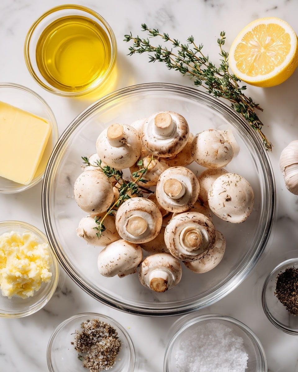 A clear round glass bowl sits in the center filled with whole white mushrooms showing slight brown spots, with a halved lemon and two thyme sprigs placed near the top right of the bowl. Around the bowl are small clear glass containers holding different ingredients: olive oil with a yellow hue at top left, finely chopped garlic with a pale yellow color below that, melted butter with a rich golden tone at bottom left, and a salt and pepper mix with white salt and black pepper next to it. All items rest on a white marbled surface, creating a clean and bright setting. photo taken with an iphone --ar 4:5 --v 7