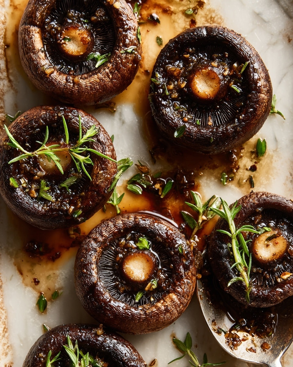 The image shows a close-up of several dark brown mushrooms cooked and placed cap-side down on a white marbled surface with light brown sauce around them. Each mushroom has a small round piece in the center, lighter brown, and the caps have a slightly shiny, moist texture. There are small green herb sprigs sprinkled on and around the mushrooms, adding a fresh contrast. A metallic spoon is partially visible on the right side, with some sauce and herbs inside it. The overall scene looks warm and rustic. photo taken with an iphone --ar 4:5 --v 7
