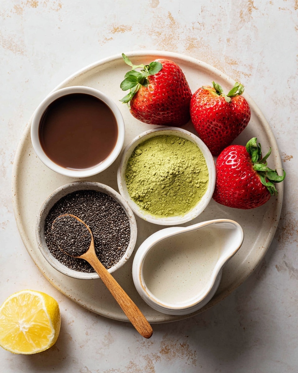 The image shows a white plate with several small bowls and three bright red strawberries with green leaves on top, arranged on a white marbled texture surface. On the plate, the top left bowl holds a dark brown liquid, the middle bowl contains bright green powder with a small wooden spoon resting inside, and the bottom left bowl is filled with black chia seeds along with a wooden spoon partially buried in them. There is a small cup with a dark liquid near the bottom center and a white pitcher filled with a frothy light cream on the right edge. A yellow lemon wedge is visible on the white marbled surface near the bottom left of the plate. photo taken with an iphone --ar 4:5 --v 7