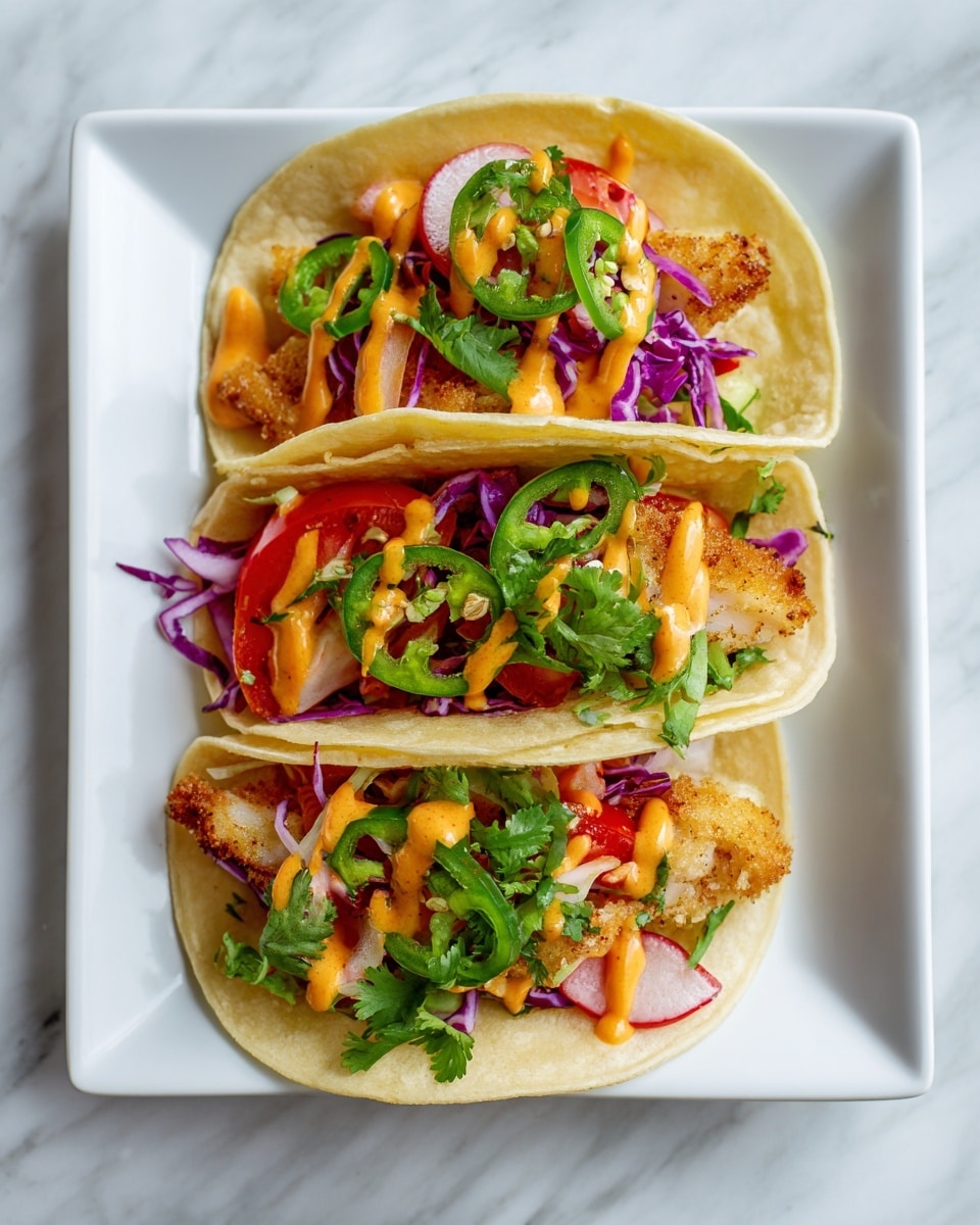 Three soft pale yellow tortillas are folded and placed side by side on a white square plate resting on a white marbled surface. Each tortilla holds several layers starting at the bottom with light golden fried fish pieces, topped with purple cabbage strips, bright red cherry tomato halves, thin slices of green jalapeno, and light pink onion slices. On top, an orange creamy sauce is drizzled, and fresh green cilantro leaves are scattered for garnish. The layers create a colorful, fresh, and vibrant look. Photo taken with an iphone --ar 4:5 --v 7