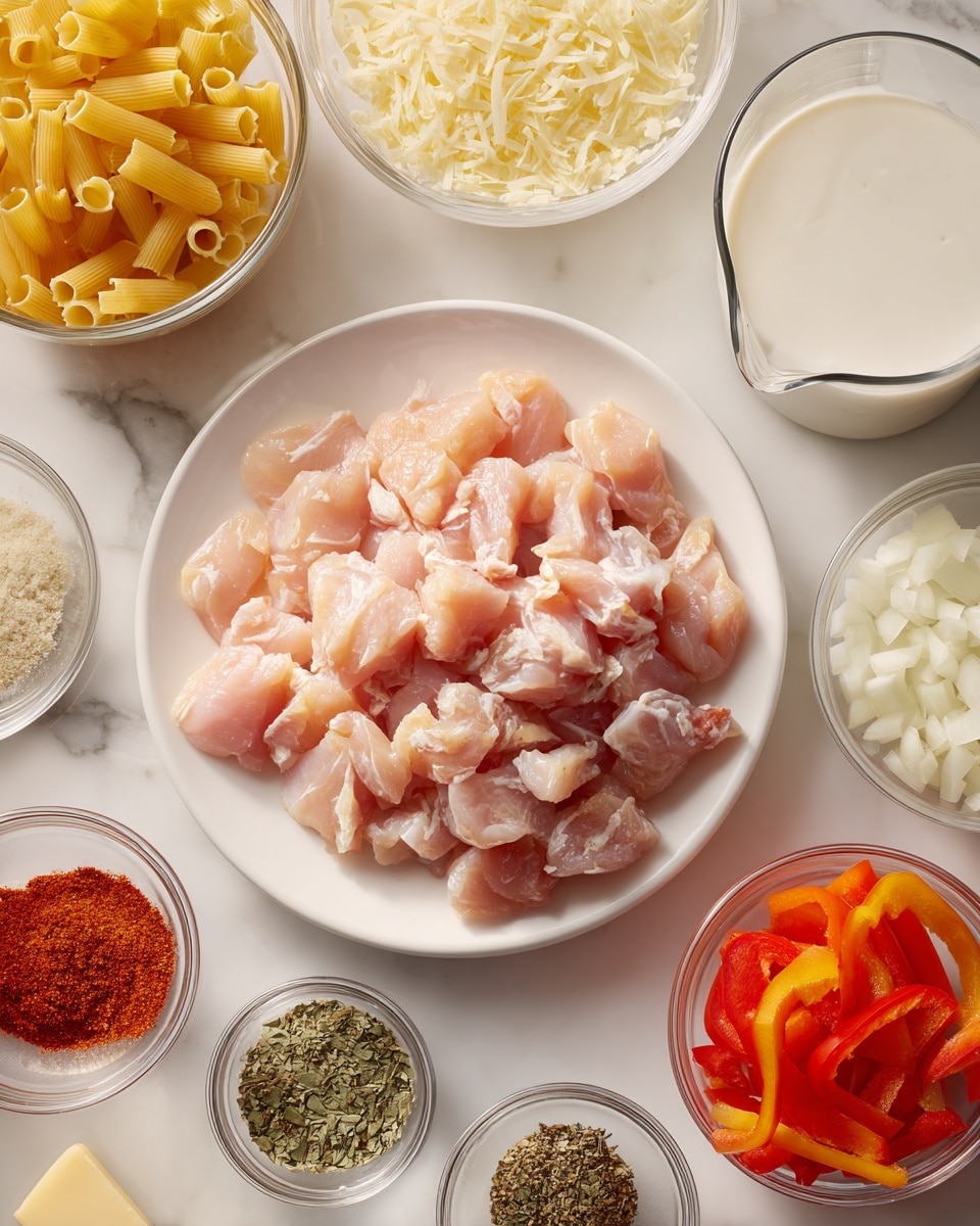 The image shows several clear and white containers with cooking ingredients on a white marbled surface. In the center, there is one white plate piled with raw pale pink chicken pieces. Above the plate to the left, a clear bowl holds uncooked yellow penne pasta. To the right, a clear measuring cup contains a thick white liquid, heavy cream. Surrounding these main items are small glass bowls with spices: light brown Cajun seasoning, deep red smoked paprika, and dark green basil. Nearby are small bowls of white grated parmesan cheese, light brown garlic powder, black pepper, and white salt. At the bottom, a small square of pale yellow butter sits next to a clear bowl filled with chopped white onion. Two white bowls on the right hold thin slices of orange and red bell peppers. Photo taken with an iphone --ar 4:5 --v 7