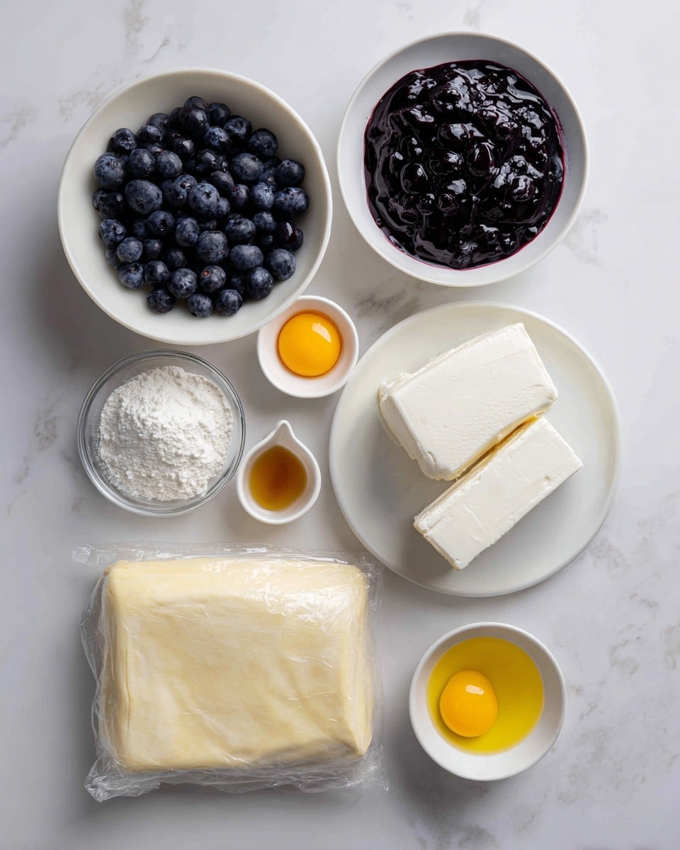 The image shows ingredients neatly arranged on a white marbled surface. At the top left, there is a white bowl filled with dark blue blueberries. Next to it, a white bowl holds shiny, dark purple blueberry jam. On the top right, a white plate contains two large blocks of cream cheese, smooth and creamy white. Below, from left to right, there is a small clear glass bowl with a raw egg showing a bright yellow yolk and clear white, a white bowl filled with fine white icing sugar, a small white cup with golden brown vanilla extract, and a small white bowl with a single bright yellow egg yolk. At the bottom center, there is a flat sheet of pale puff pastry still wrapped in clear plastic. The ingredients are all cleanly placed and labeled clearly on the white marbled surface. photo taken with an iphone --ar 4:5 --v 7