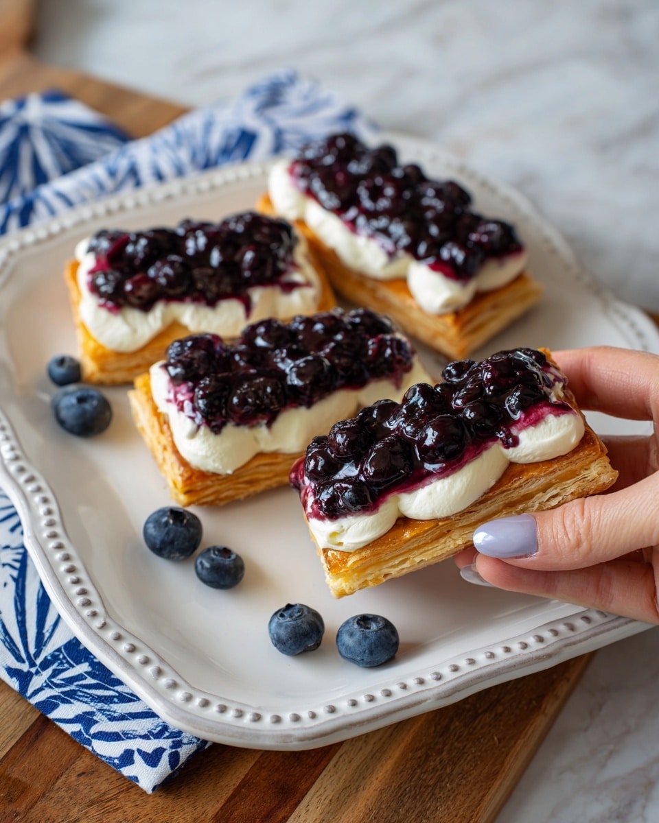 The image shows four rectangular blueberry pastries on a white plate with decorative edges and a few loose blueberries scattered around. Each pastry has three layers: the bottom layer is a golden-brown puff pastry with a slightly crispy texture, the middle layer is a creamy white spread that looks smooth and soft, and the top layer is a shiny, dark purple blueberry topping made up of whole berries. A woman's hand is holding one pastry in the foreground, showing its details up close. The plate is placed on a wooden surface with a white marbled texture and a blue and white patterned cloth beside it. photo taken with an iphone --ar 4:5 --v 7