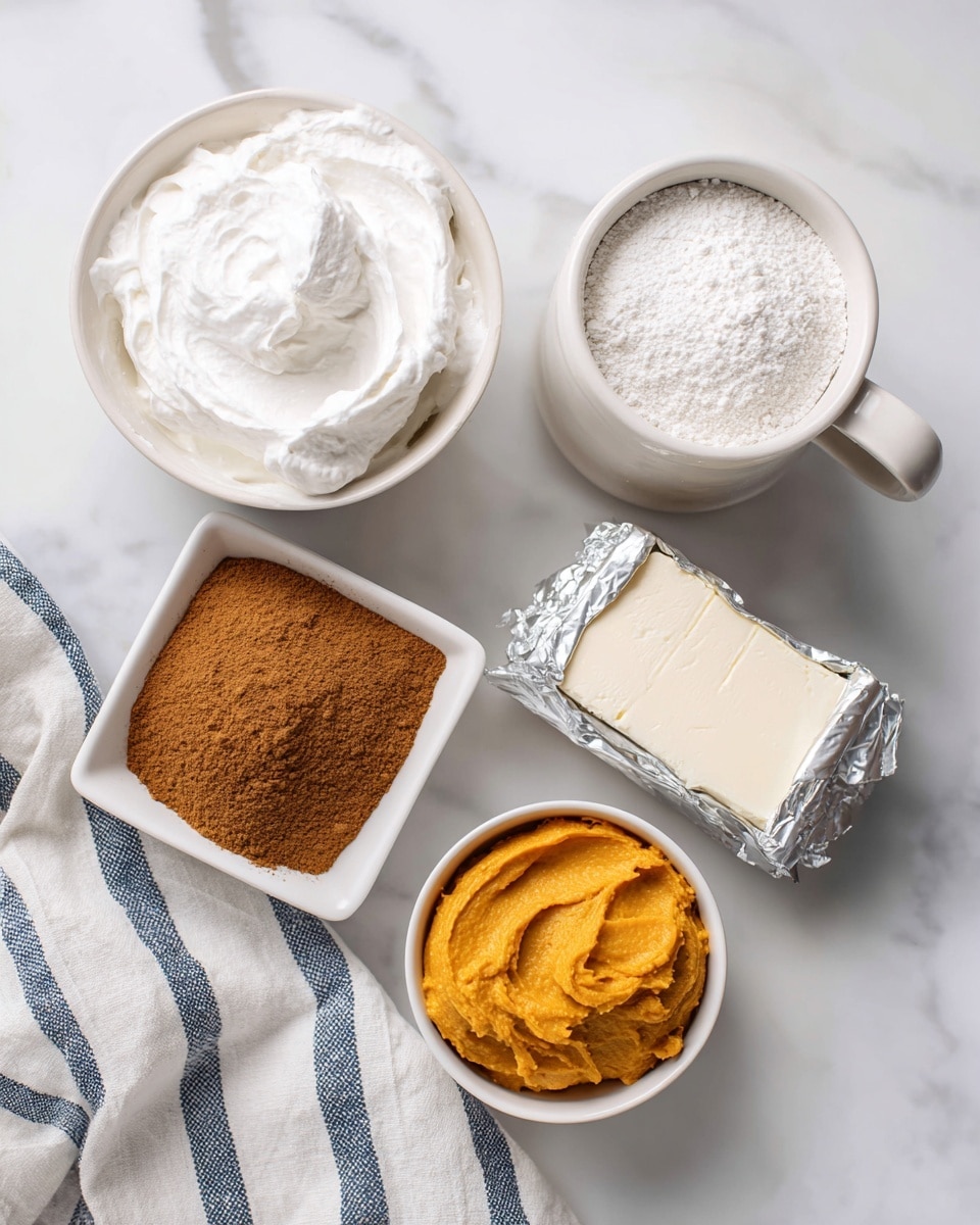 The image shows five ingredients arranged neatly on a white marbled surface with a white and blue striped cloth partially visible in the bottom left corner. At the top left is a white container of whipped topping with a smooth, fluffy texture. To the right, a white mug filled to the top with powdered sugar has a fine, powdery surface. Below the whipped topping container and slightly to the left is a small square white dish holding a mound of brown pumpkin spice powder with a slightly grainy texture. To the right and a bit lower is a silver-wrapped block of cream cheese, flat and rectangular in shape. Finally, at the bottom right, a small white bowl contains bright orange pumpkin puree, showing a smooth but slightly textured surface. The image is bright and clean, all elements clearly spaced. Photo taken with an iphone --ar 4:5 --v 7