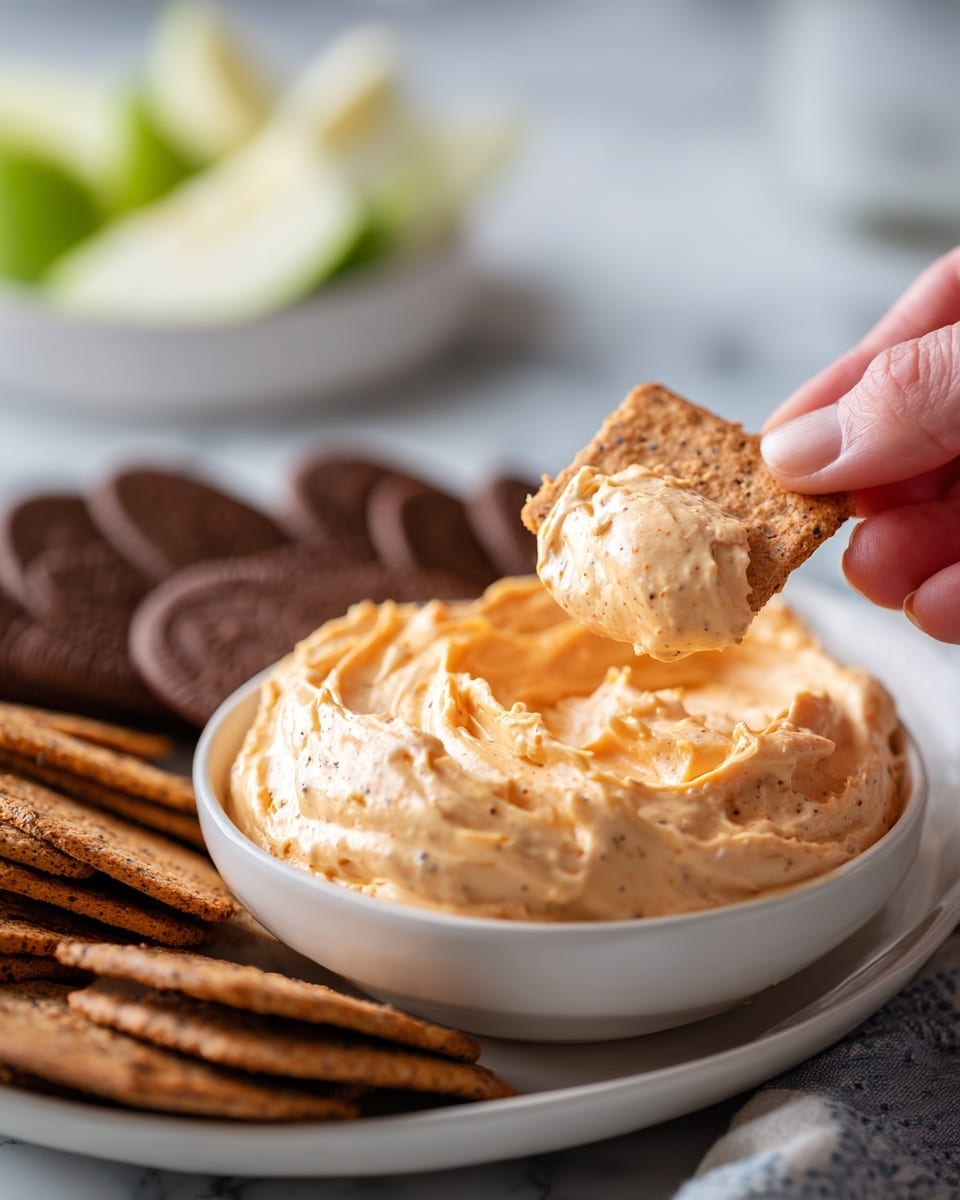 A close-up image shows a woman's hand holding a rectangular brown cracker dipped with thick, creamy, light orange dip. The dip has a smooth texture with some small specks. The cracker is above a white plate filled with more rectangular brown crackers, some round dark brown cookies, and a pile of the same light orange dip spread on the plate. In the blurry background, there is a white bowl with the dip and green apple slices on a white plate, all set on a white marbled surface. Photo taken with an iphone --ar 4:5 --v 7