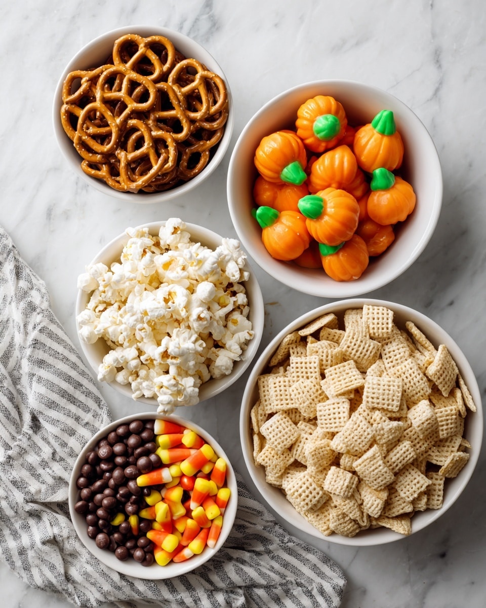 The image shows five white bowls arranged on a white marbled surface, each filled with different snacks. The largest bowl at the bottom contains square, light beige cereal pieces with a woven texture. To the right above it, a bowl holds small, shiny, brown pretzels with a classic twisted shape. Above the pretzels, another bowl is filled with orange pumpkin-shaped candies with green tops mixed with yellow and white candy corn. To the left of that, a bowl contains orange, yellow, and dark brown small candy-coated chocolates. Lastly, the top left bowl holds white popcorn with a slightly puffed texture. A striped cloth is visible in the bottom left corner of the image. Photo taken with an iphone --ar 4:5 --v 7