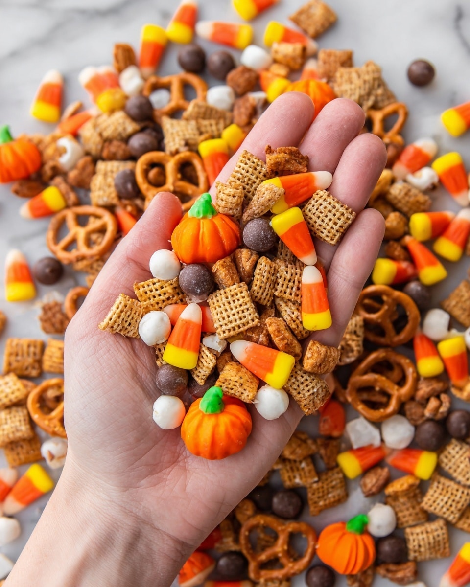 A woman's hand holds a mix of snack items including orange, yellow, and white candy corn pieces, small orange pumpkin-shaped candies with green tops, light brown square wheat cereal pieces with a textured pattern, light brown pretzels, white popcorn pieces, and dark brown round chocolate candies. The background is filled with the same snack mix spread out on a white marbled surface. The colors are warm tones of orange, brown, yellow, and white, with the snack pieces varying in size and texture, layered naturally in the woman's palm. photo taken with an iphone --ar 4:5 --v 7