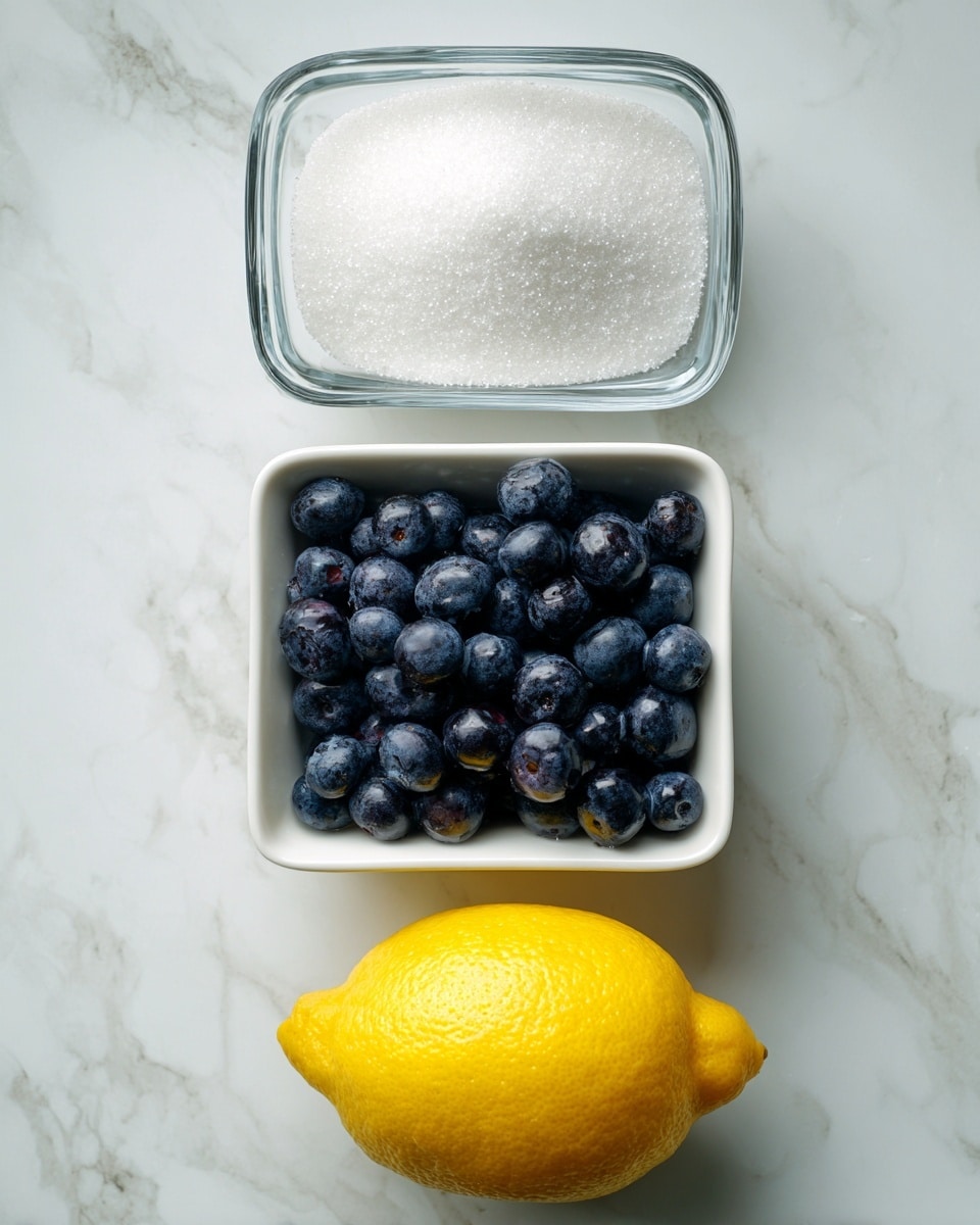 A top view of three ingredients arranged vertically on a white marbled surface: at the top, a clear glass bowl filled with fine white granulated sugar, in the middle, a white square bowl full of fresh dark blue blueberries, and at the bottom, a single whole bright yellow lemon with a smooth texture. Each item is clearly visible with contrasting colors against the white marble background. Photo taken with an iphone --ar 4:5 --v 7