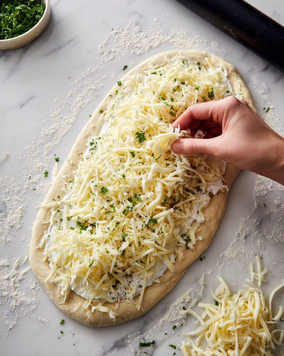 A stretched oval dough base is laid out flat on a white marbled surface, with a layer of creamy white cheese spread that includes hints of green herbs. On top of this spread, there is a generous layer of mixed shredded cheese in white and yellow tones, evenly covering the dough. A woman's hand is seen placing some of the cheese, adding a sense of action. In the background on the right side, a black rolling pin is slightly visible out of focus. The scene is bright and clean, with cheese strands scattered around the dough. photo taken with an iphone --ar 4:5 --v 7