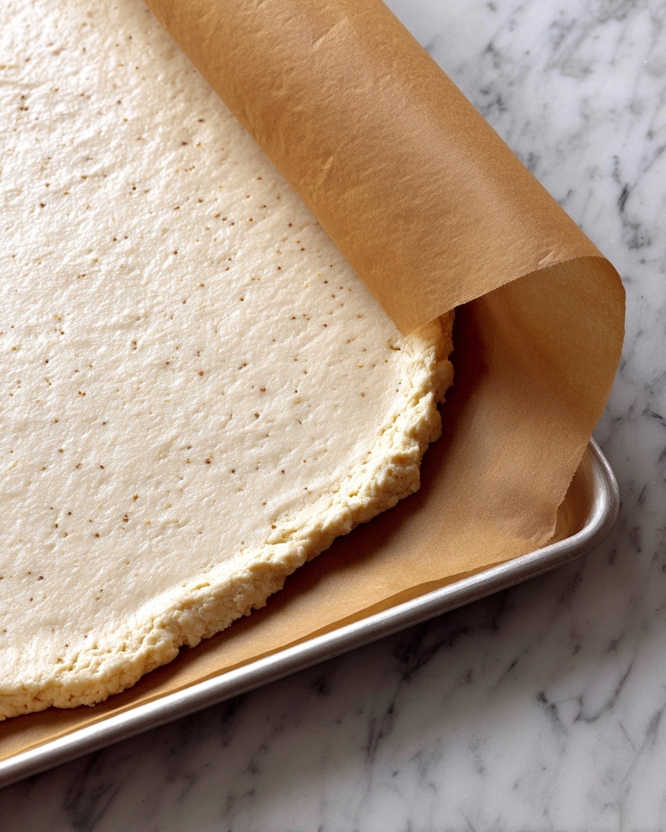 A thin, smooth pale beige dough sheet with tiny dark specks is spread out flat on a sheet of brown parchment paper, which is partially folded back at one corner to reveal the dough underneath. The dough's edges are uneven and slightly crumbly, and it is placed on a silver baking tray, all set on a white marbled surface. photo taken with an iphone --ar 4:5 --v 7