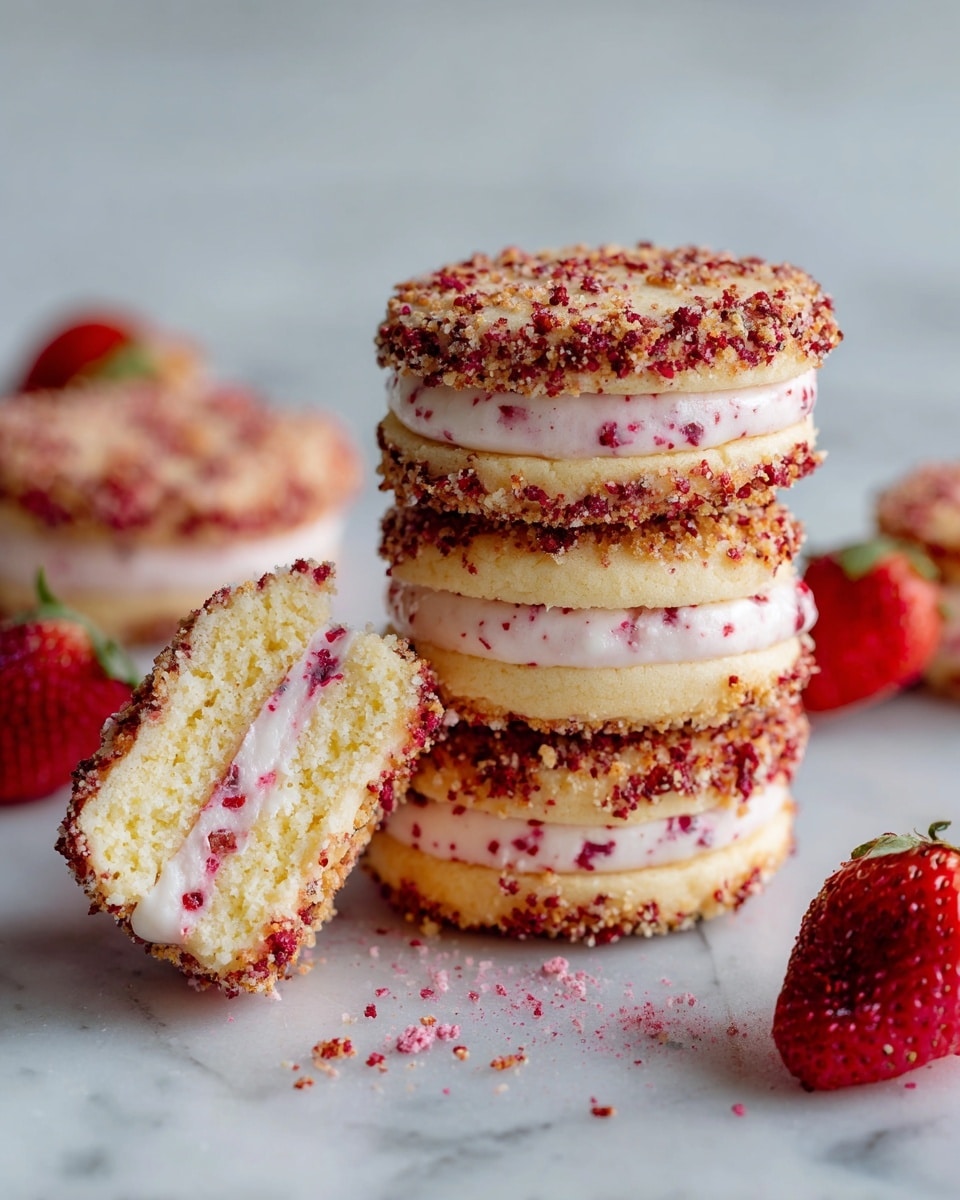 The image shows a stack of round sandwich cookies on a white marbled surface, with some fresh strawberries scattered around. Each cookie has two pale yellow cake-like layers with a pink cream filling that has small red bits inside. The edge of each cookie is coated with a crumbly, textured layer of red and brown bits, giving a rough look. On the left, one cookie is split in half, showing the soft cream layer inside, and the top is dusted with a light red powder. The photo is clear with natural light highlighting the colors. Photo taken with an iphone --ar 4:5 --v 7