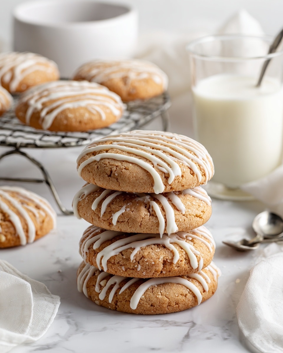 A stack of three round, light brown cookies with white glaze drizzled on top sits in the front right on a white marbled surface. Behind the stack to the left, there is a small metal cooling rack holding six more similar cookies, each with the same white glaze drizzled. To the right of the cooling rack is a clear glass filled with white milk. In the background, there is a large white bowl to the left and a smaller white bowl with a spoon inside to the right. A white cloth is softly draped around the bowls and on the surface. The whole scene is bright and clean with a soft, natural light. photo taken with an iphone --ar 4:5 --v 7