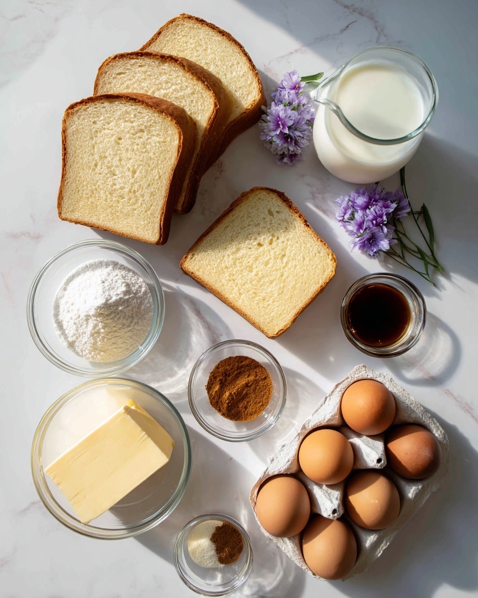 The image shows several ingredients arranged on a white marbled surface. There are three thick slices of bread with a light golden-brown crust positioned at the top left, one smaller piece of bread at the center, and five brown eggs placed in a white egg holder at the bottom right. Around these, small clear bowls and containers hold white salt, white sugar, a brown cinnamon spice, a yellow block of butter with some oil, and a dark vanilla liquid. There is also a clear glass filled with white half & half cream near the top right. A couple of small purple flowers decorate the tray with the eggs. The lighting is bright and natural, with a clean and simple setup. Photo taken with an iphone --ar 4:5 --v 7