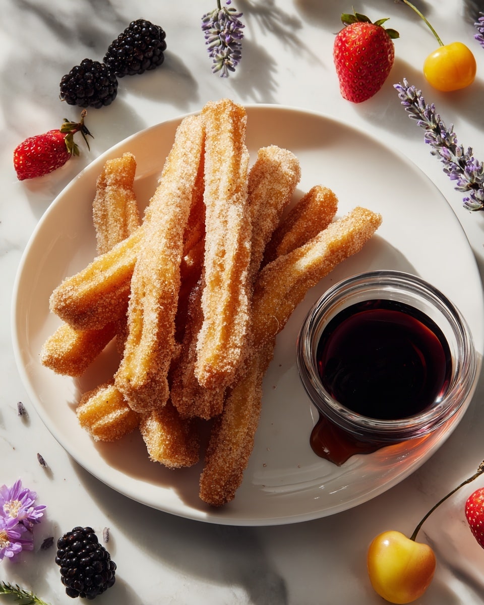 A white plate holds eight sticks of golden brown fried dough coated in a light layer of sugar and cinnamon, arranged in a casual pile with some sticks leaning on each other. To the right of the plate is a small clear glass bowl filled with dark syrup, with one fried dough stick dipped inside. Around the plate on a white marbled surface are scattered blackberries, two yellow cherries with red blushes, half a strawberry, and small lavender flowers, giving a fresh and colorful contrast to the warm tones of the fried dough. The scene is bright with natural light casting soft shadows. photo taken with an iphone --ar 4:5 --v 7