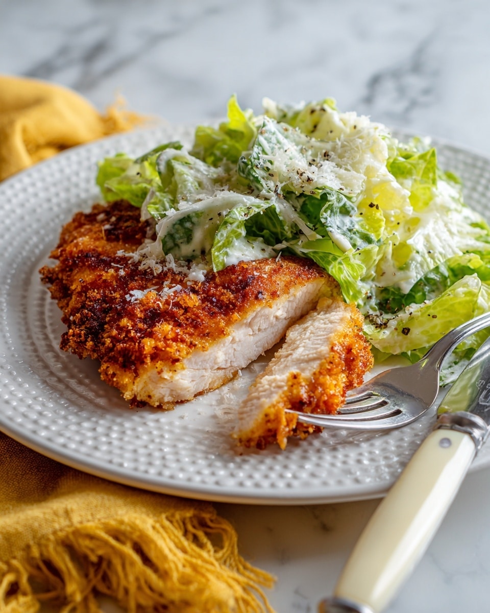 On a white plate with small raised dots across the surface, there is a dark golden-brown crispy fried piece of chicken sliced to show the inside, which is white and tender. On top of the chicken is a fresh green salad with chopped lettuce coated lightly in a creamy dressing, sprinkled with grated white cheese and black pepper. A silver fork with a cream handle holds a chicken slice, and a matching knife rests on the right side of the plate. The plate is on a surface with a white marbled texture, and a yellow cloth with fringes is partially visible under the plate. photo taken with an iphone --ar 4:5 --v 7