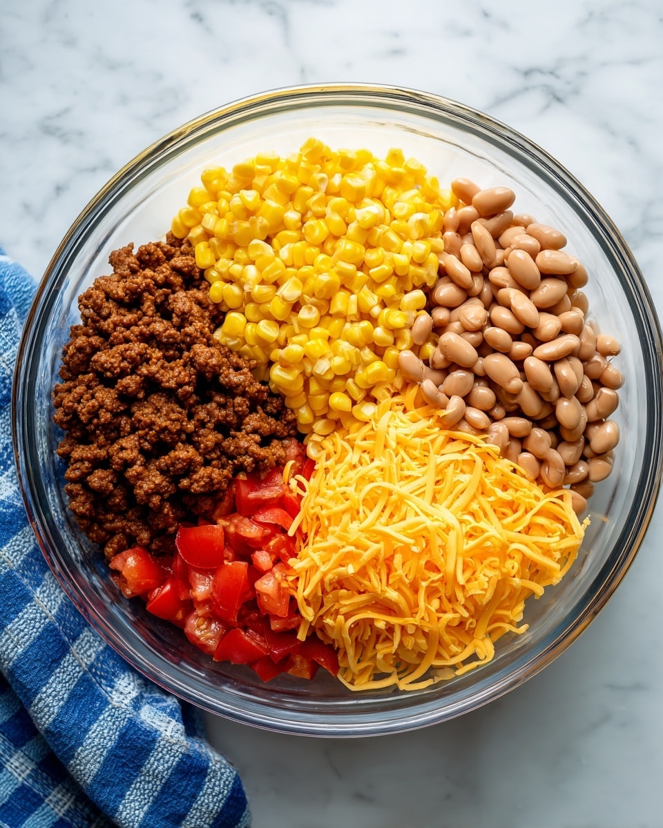 A clear glass bowl on a white marbled surface holds four distinct layers of ingredients, all separate and not mixed. At the top left, bright yellow corn kernels fill the space. To the right of the corn, light brown beans sit closely together. Below the beans, a pile of finely shredded bright orange cheddar cheese creates a textured layer. At the bottom left of the bowl, a mix of small red tomato pieces with hints of green and a bit of cooked ground beef in dark brown complete the ingredients. A blue checkered cloth is partly visible at the lower left corner. Photo taken with an iphone --ar 4:5 --v 7