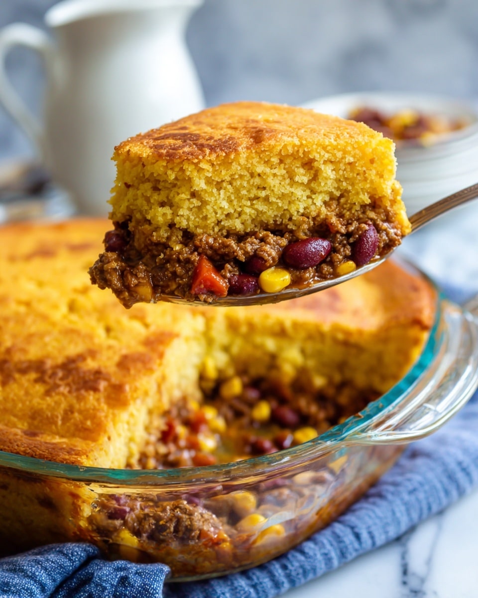 A large clear glass dish holds a baked layered casserole with a thick, golden-yellow cornbread layer on top that is slightly crisp and textured, showing some browning spots. Below the cornbread layer, the filling is visible with a mix of ground meat, red kidney beans, whole yellow corn kernels, and small chunks of red tomato, all in a moist and hearty sauce. A silver spoon lifts a portion of this filling close to the camera, displaying the rich colors and textures of the filling, with the corn bread slightly mixed in. The background features a white pitcher and a blue cloth on a white marbled surface, softly blurred for focus on the dish. photo taken with an iphone --ar 4:5 --v 7