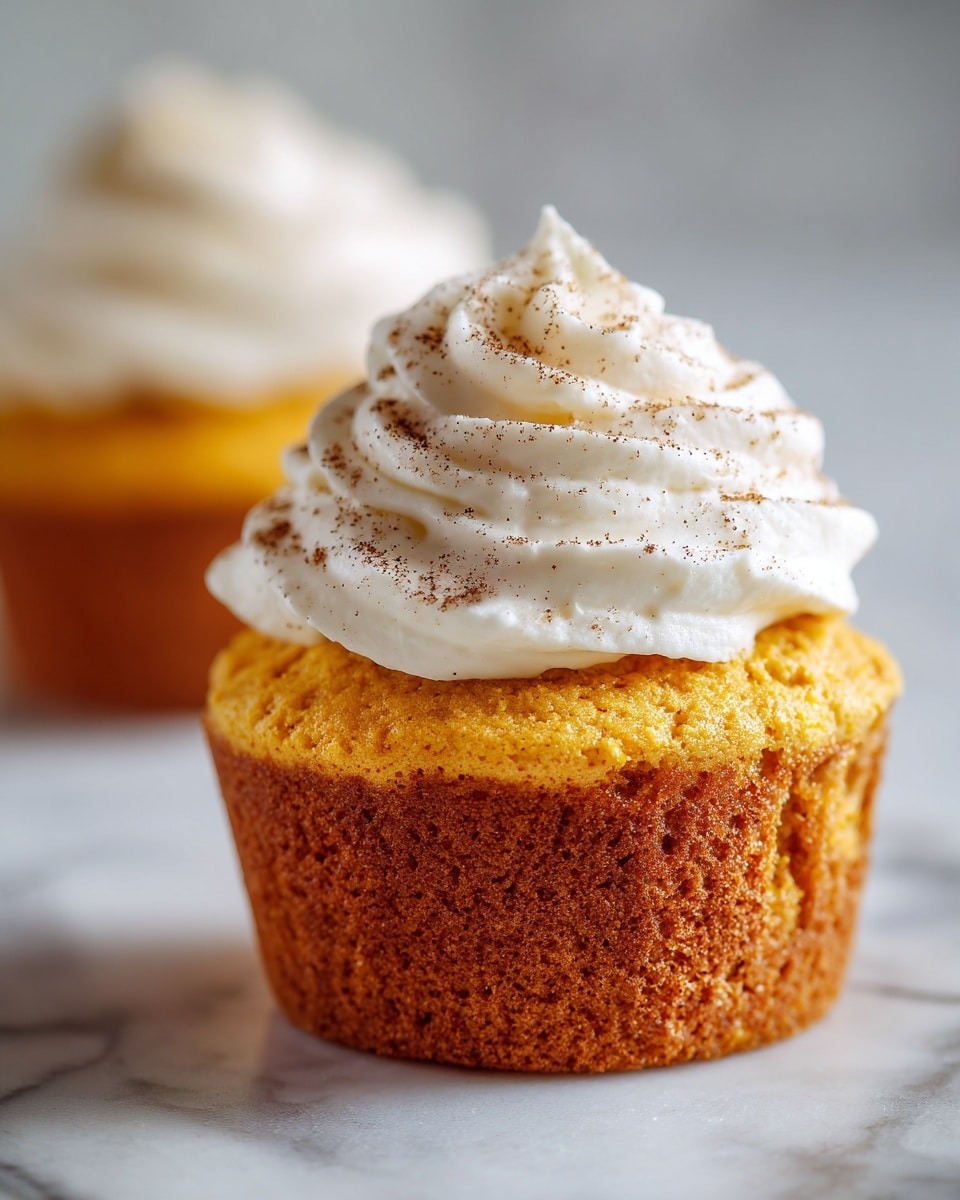 This image shows several small cupcakes placed on a white marbled surface. Each cupcake has two layers: the bottom layer is a golden brown, textured cake base with visible crumb details, and the top layer is a smooth, bright white swirl of whipped cream or frosting, neatly piped in a spiral peak. The cupcakes are arranged in rows, with the focus on the front cupcake, showing the swirl's soft curves and the cake’s moist texture clearly. Photo taken with an iphone --ar 4:5 --v 7