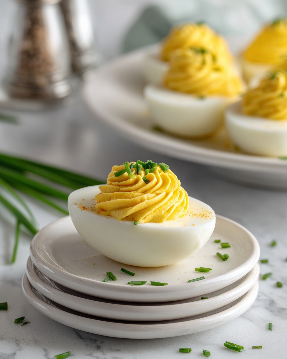 The image shows a close-up of a deviled egg cut in half, resting on two stacked white plates with a smooth texture. The deviled egg has a white outer layer of egg white and a bright yellow, creamy filling with a slightly textured, piped pattern in the center, topped with small green chives. In the background, a white plate contains several whole deviled eggs arranged in a circle, all topped with the same yellow filling and green chives. The setting includes a white marbled surface with scattered chives and a salt and pepper shaker slightly blurred on the left side. Photo taken with an iphone --ar 4:5 --v 7