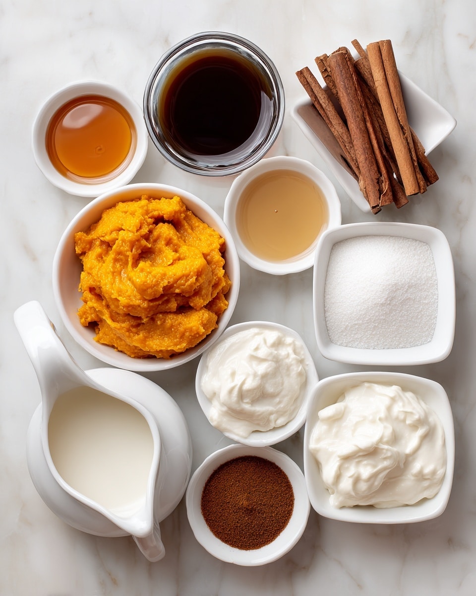 The image shows eight small white dishes arranged on a white marbled surface, each filled with different ingredients. In the center is a white bowl with orange pumpkin puree that has a smooth, slightly chunky texture. Above it is a small, clear glass bowl filled with dark brown coffee. To the right, a white square dish holds fine white powdered sugar. Below it, a white bowl contains thick white heavy cream with a smooth surface. At the bottom center, a small round white dish has a brown powder of pumpkin spice. To the left at the bottom, a white creamer pouring dish holds whole milk, which is white and smooth. Above it, another small white square dish contains golden brown vanilla extract. Finally, at the top left, a white round bowl has amber maple syrup with a shiny surface. At the top right, a small white bowl holds several cinnamon sticks stacked neatly. photo taken with an iphone --ar 4:5 --v 7