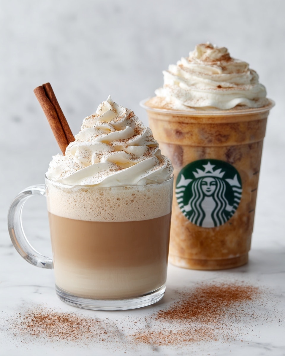 The image shows two drinks side by side, one hot and one cold. The hot drink on the left is in a clear glass mug with three visible layers: a light brown frothy coffee layer at the bottom, a creamy middle, and a large swirl of white whipped cream on top sprinkled lightly with cinnamon powder. A single brown cinnamon stick is placed inside the whipped cream, leaning diagonally out. The cold drink on the right is in a clear plastic cup with the Starbucks logo. It has a light brown iced coffee base filled with visible ice cubes, topped with a large swirl of white whipped cream sprinkled with cinnamon powder. Cinnamon powder is also scattered on the white marbled surface beneath the cold drink. The background is a soft white marbled texture. photo taken with an iphone --ar 4:5 --v 7