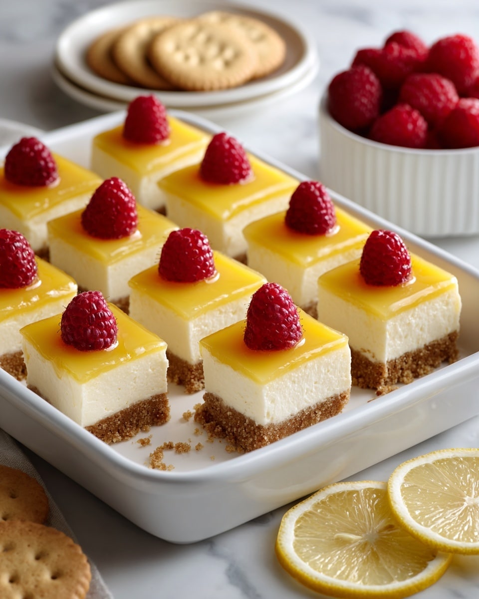 The image shows a white rectangular dish with small square lemon cheesecake bites arranged in neat rows. Each cheesecake piece has three layers: a light brown crumbly crust on the bottom, a thick creamy off-white cheesecake middle, and a shiny yellow lemon glaze on top. On each piece, a fresh bright red raspberry sits right in the center. The dish is set on a white marbled surface with lemon slices, golden round cookies, and a white bowl of raspberries in the background. The light in the photo is bright and natural. photo taken with an iphone --ar 4:5 --v 7