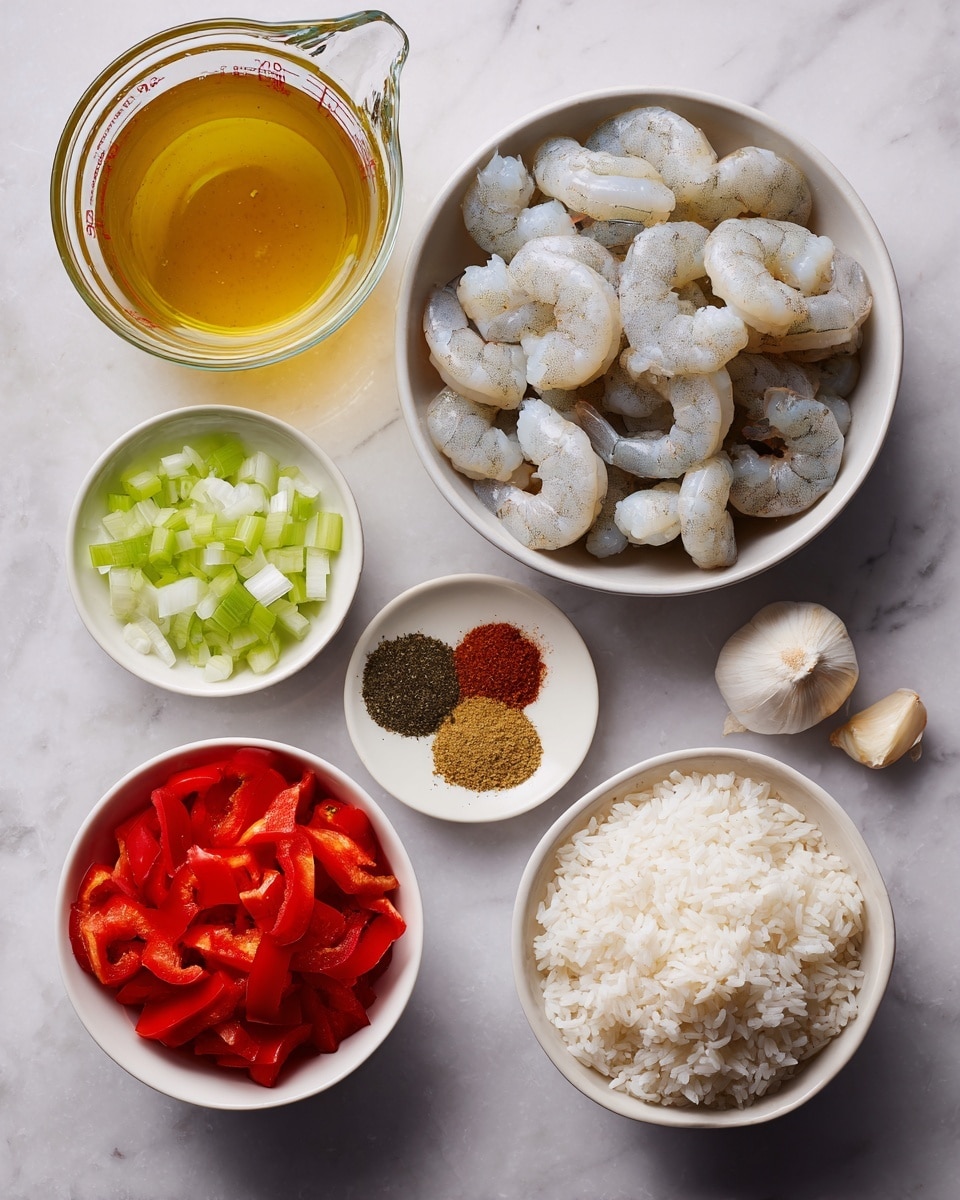 There are five glass and white bowls on a white marbled surface. The biggest bowl on the right has many raw shrimp, pale gray and white in color, with a soft, smooth texture. At the top left is a clear glass measuring cup filled with golden-yellow broth, smooth and shiny. Below it, a white bowl holds six types of dry spices in small piles, showing colors of beige, dark red, green, black, brown, and bright red with a powdery texture. To the bottom left, one white bowl is filled with chopped fresh vegetables including bright red bell pepper, white onion, and green celery, each with a crisp, fresh texture. At the bottom right, a smaller white bowl holds a mound of cooked white rice, fluffy and soft. Two garlic cloves lie on the surface between the shrimp and rice bowls. Photo taken with an iphone --ar 4:5 --v 7