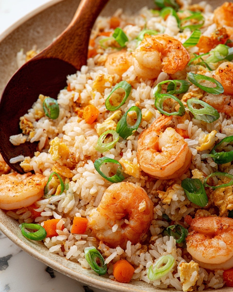 This close-up image shows a colorful mix of cooked shrimp with a slightly orange and pink shade, mixed with fluffy cooked rice grains that are off-white with some light seasoning. The rice is dotted with small pieces of bright orange carrots and translucent to light-yellow celery cubes. Thin slices of green onion rings are scattered on top, adding a fresh green pop. A wooden spoon can be seen scooping some of the dish on the left side. The dish rests on a white marbled surface. photo taken with an iphone --ar 4:5 --v 7