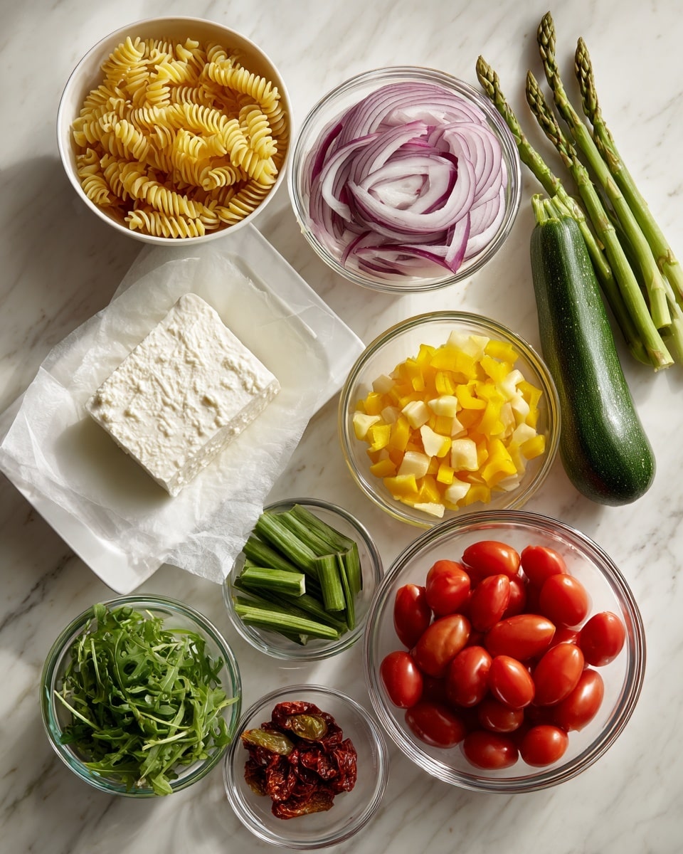 A collection of fresh ingredients is spread out on a white marbled surface: a block of white cheese rests on white parchment paper on a white rectangular dish, a clear round bowl filled with thinly sliced red onions shows their white and reddish-purple texture, a white bowl holds yellow spiral pasta, a bunch of green asparagus spears lies nearby, a white bowl is full of bright red grape tomatoes, another clear bowl holds chopped yellow bell peppers, and a white bowl contains fresh green arugula leaves, next to a whole green zucchini. A small clear bowl with sun-dried tomatoes in oil is also included. Photo taken with an iphone --ar 4:5 --v 7