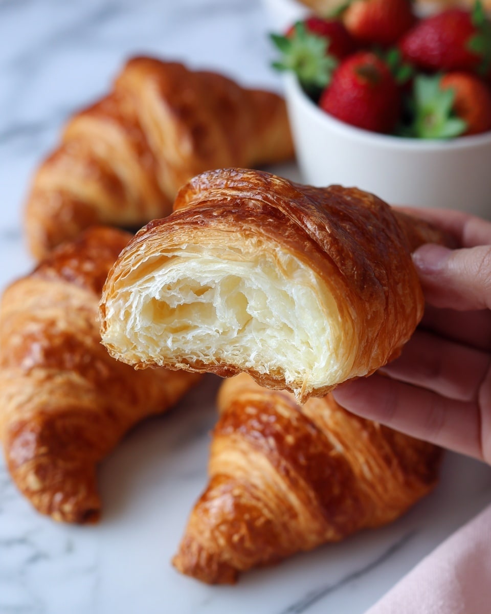 A close-up image shows a woman's hand holding a golden-brown croissant with a visible soft, flaky inside. In the background, there are more croissants slightly blurred on a white marbled surface and a white bowl filled with fresh strawberries and green leaves. The croissant has multiple flaky layers on the outside and a light, airy texture inside. Photo taken with an iphone --ar 4:5 --v 7
