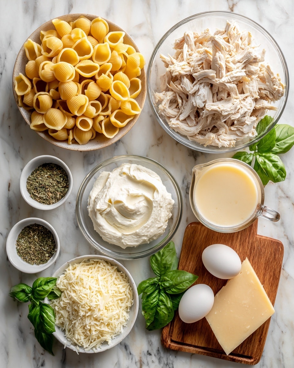 The image shows eight clear glass bowls and one wooden board with food ingredients arranged on a white marbled surface. Starting from the top left, there is a bowl filled with large yellow pasta shells, next to a bowl full of shredded cooked chicken that is white with light brown edges. To the right, a glass measuring cup holds a smooth, pale yellow sauce. Below the pasta, a bowl is filled with a white creamy cheese spread with a soft, fluffy texture. Near the bottom center, two smaller bowls contain finely shredded white cheese, one slightly coarser than the other. To the bottom left, two small bowls hold dried Italian herbs, and near the bottom right, a wooden board displays a thick wedge of pale yellow hard cheese, a white egg, and a small fresh green basil bunch. Scattered fresh basil leaves decorate the scene. photo taken with an iphone --ar 4:5 --v 7