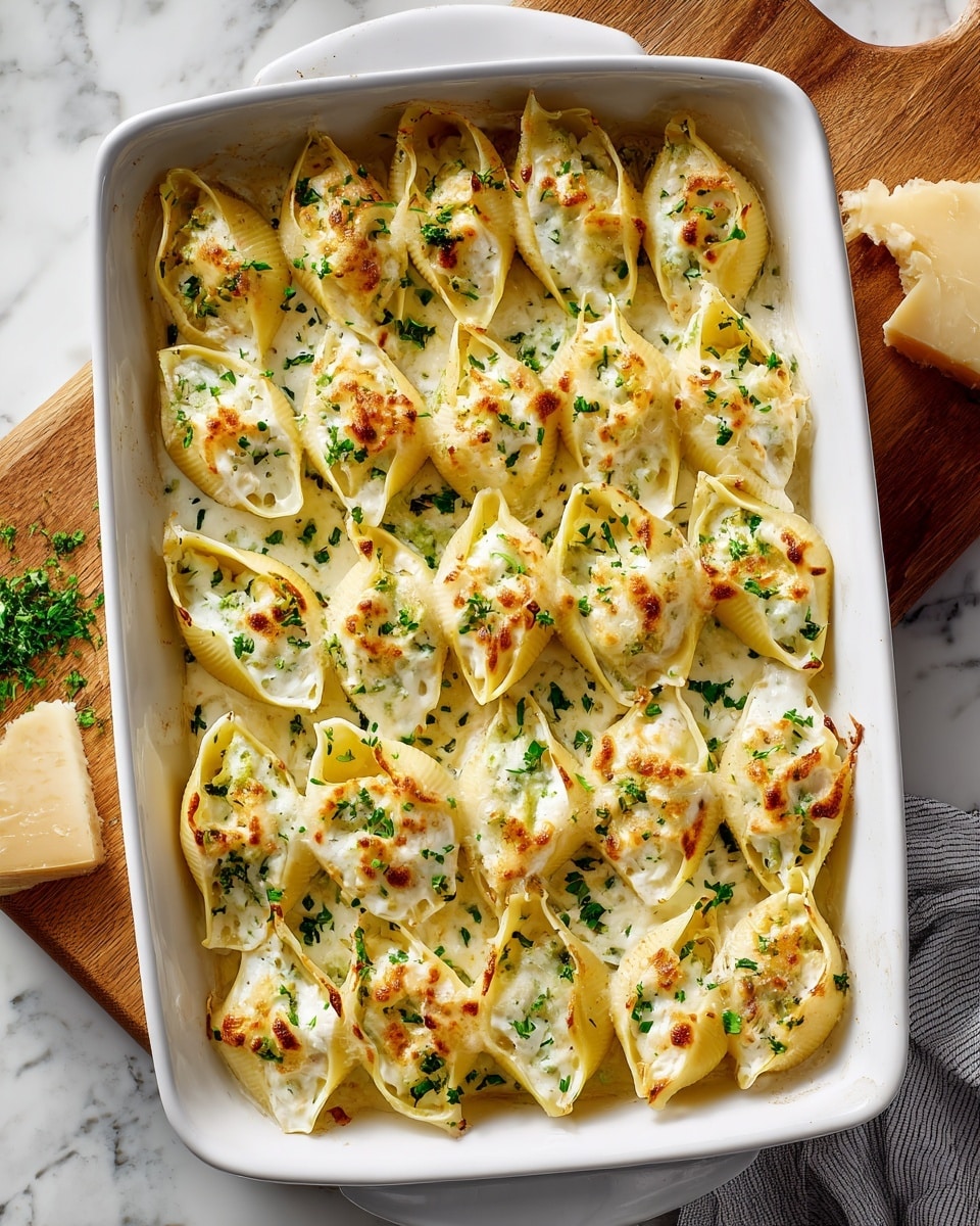 A white rectangular baking dish holds two neat rows of large pasta shells filled with a creamy white mixture. Each shell is covered with a layer of melted pale yellow cheese that looks soft and slightly browned at the edges. Green finely chopped herbs are sprinkled evenly on top, adding small bright green pops of color. The baking dish is set on a white marbled surface with a wooden cutting board and a wedge of cheese partly visible nearby. The overall look is warm, creamy, and inviting, showing a well-baked layered pasta dish photo taken with an iphone --ar 4:5 --v 7