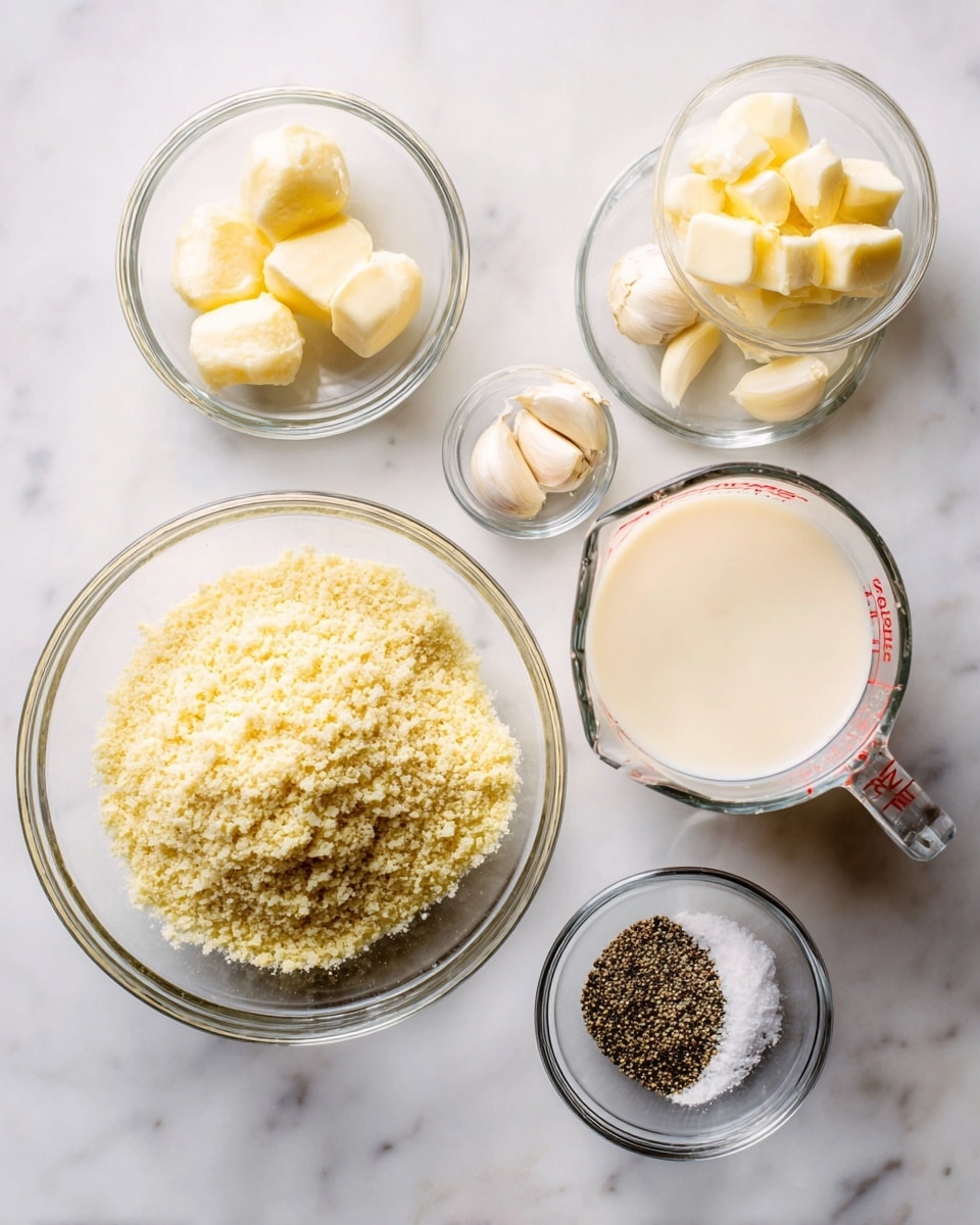 The image shows six small clear glass bowls on a white marbled surface, each holding different ingredients for cooking. The largest bowl at the bottom contains a light yellow crumbly powder with a few small lumps. To the top right, there are small chunks of pale yellow butter in one bowl and soft whole garlic cloves with a golden tinge in another bowl. A white creamy liquid fills a clear glass measuring cup with red markings on the right side. Two smaller bowls hold finely ground black pepper and a fine white powder. The scene is clean and bright with all bowls spaced neatly. Photo taken with an iphone --ar 4:5 --v 7