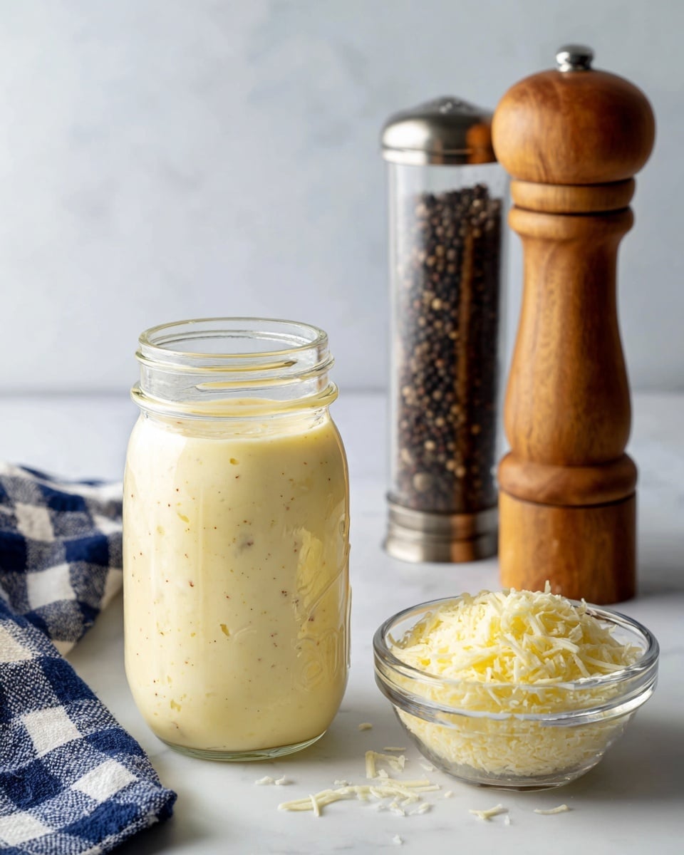 A clear glass jar filled with a creamy light yellow sauce with small darker specks, topped with a slight drizzle of oil, sits on a white marbled surface. Next to the jar is a small glass bowl filled with fine grated cheese that is pale yellow. To the right is a tall glass pepper grinder containing black peppercorns with a black lid, and to the left is a wooden container with a lid and a navy blue and white checkered cloth partially visible. The overall scene is minimal and clean. photo taken with an iphone --ar 4:5 --v 7