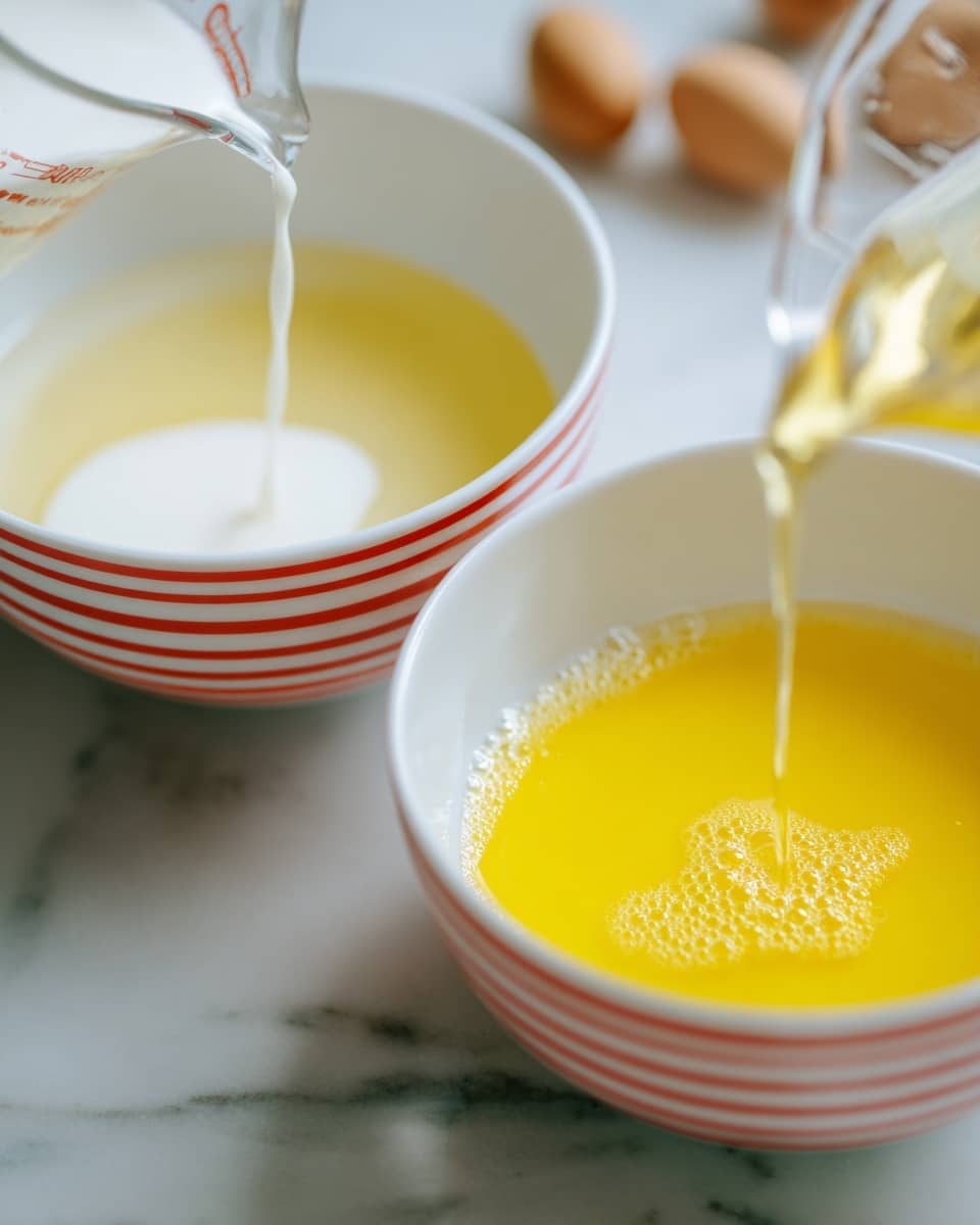 The image shows two white bowls with red stripes, each containing a liquid mixture. On the left side, a clear measuring cup pours a thick white liquid into the bowl, creating a smooth layer at the bottom. On the right side, the bowl holds a bright yellow, slightly frothy liquid mixture with a few bubbles on the surface. The bowls are placed on a white marbled surface with some light brown objects blurred in the background. photo taken with an iphone --ar 4:5 --v 7