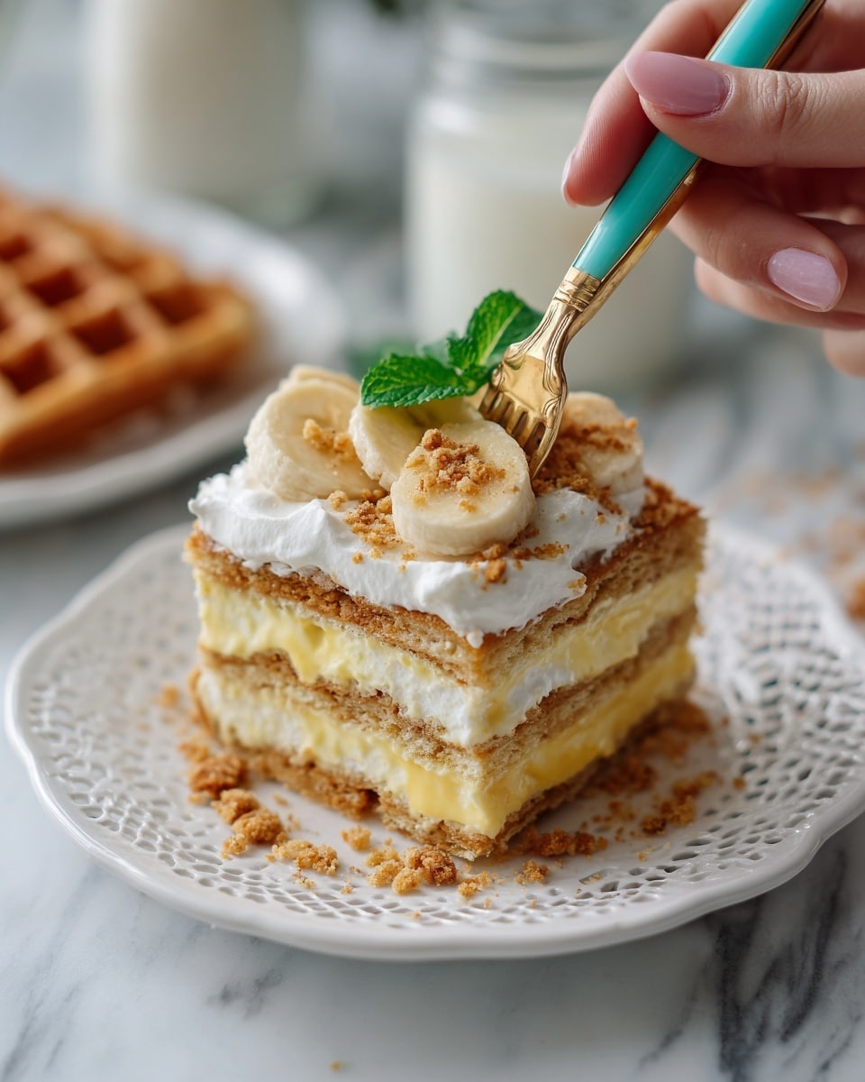 A square layered cake with five alternating layers of light yellow cream and crumbly golden brown biscuit is on a white plate with a lacy edge. The top layer is thick white cream, sprinkled with more golden crumbs, and garnished with a slice of banana and a small green mint leaf. A woman's hand with a teal-handled fork is pressing into the soft top cream layer. The setting is on a white marbled surface, with part of a glass jar of milk and another plate with waffles blurred in the background. photo taken with an iphone --ar 4:5 --v 7