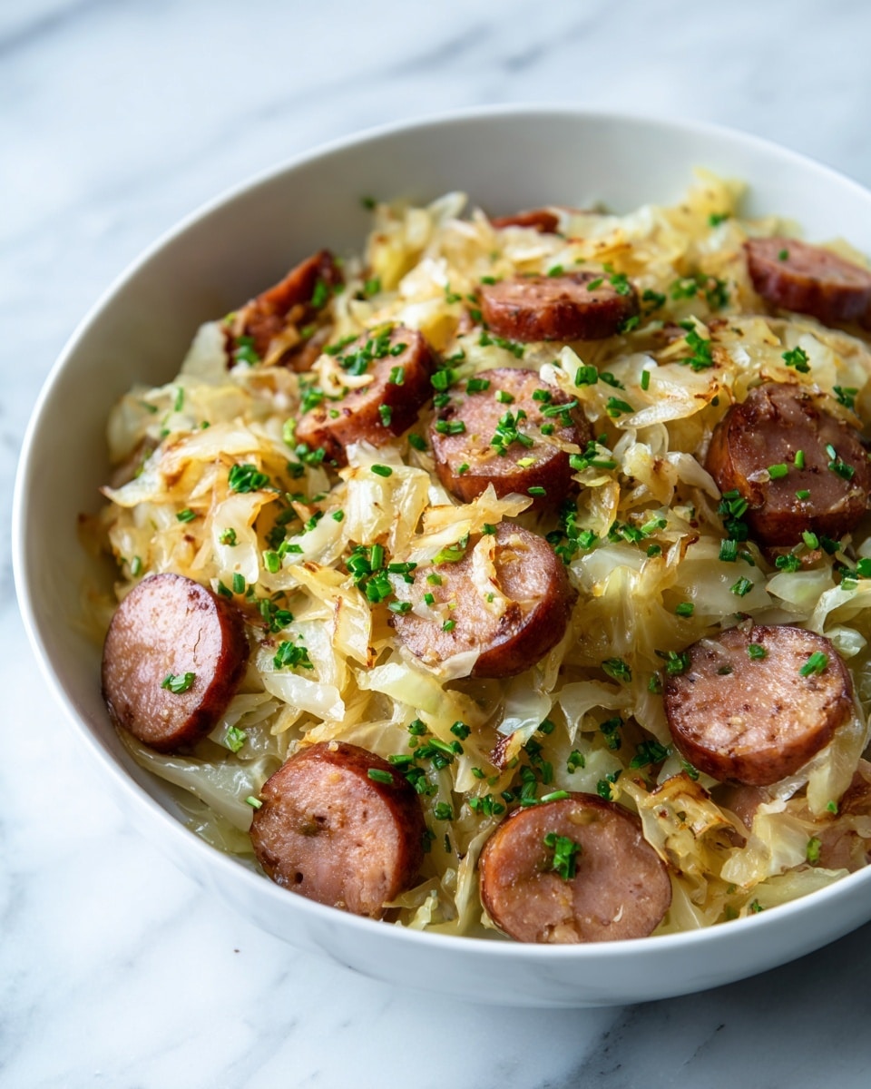 This image shows a close-up of a dish in a white bowl placed on a white marbled surface. The dish has three main visible layers: thick slices of browned sausage with a smooth, pinkish interior form the base; they are mixed evenly with a layer of light yellow, soft cooked shredded cabbage with some small brown seeds scattered; chopped small green herbs are sprinkled on top, adding fresh color contrast. The textures range from smooth and firm sausage to soft and slightly wet cabbage, with a few crisp bits visible. Photo taken with an iphone --ar 4:5 --v 7