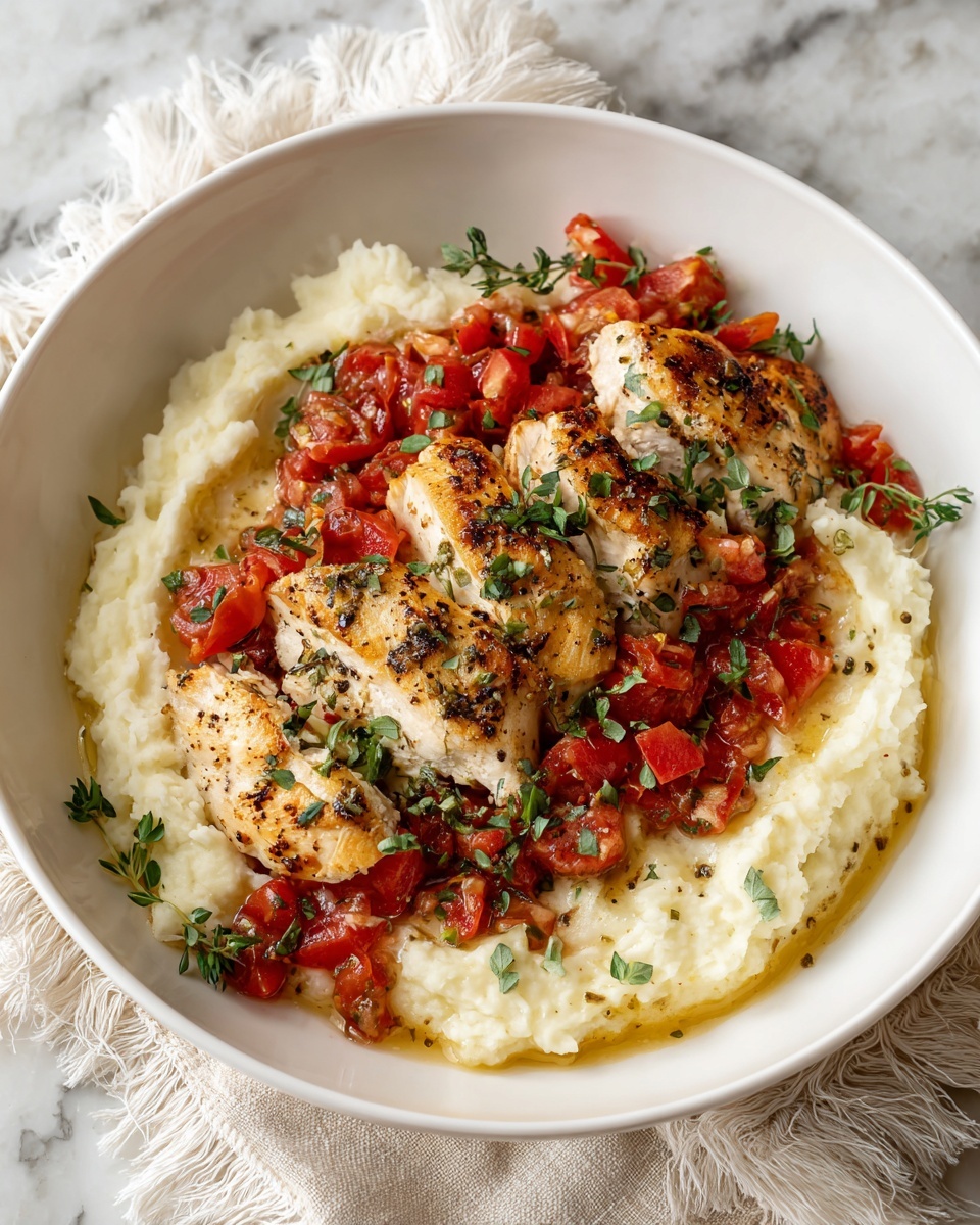 A white bowl holds a plate of creamy mashed potatoes forming the bottom layer with a soft, fluffy texture and off-white color. Sitting on top are three pieces of light golden cooked chicken, slightly seasoned with visible herbs. Over the chicken, bright red cooked tomato chunks with dark seasoning and a light drizzle of oil add color and moisture. Small fresh green herb leaves are scattered over the entire dish, adding a fresh contrast. The bowl is placed on a white marbled surface with a beige cloth having white fringes to the side. Photo taken with an iphone --ar 4:5 --v 7
