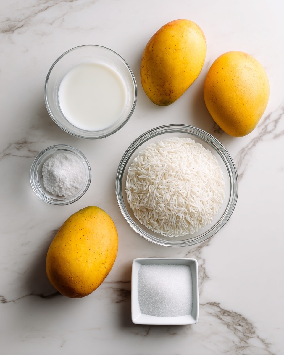 The image shows several ingredients arranged on a white marbled surface: two mangoes with yellow-orange skin positioned at the top right, a clear glass bowl filled with white glutinous rice below the mangoes, a small clear glass bowl with coarse white salt to the left of the rice, a transparent glass cup containing white coconut milk at the bottom left, and a small white square dish with white sugar on the right side near the coconut milk. Each ingredient is separated clearly and labeled with simple text. Photo taken with an iphone --ar 4:5 --v 7