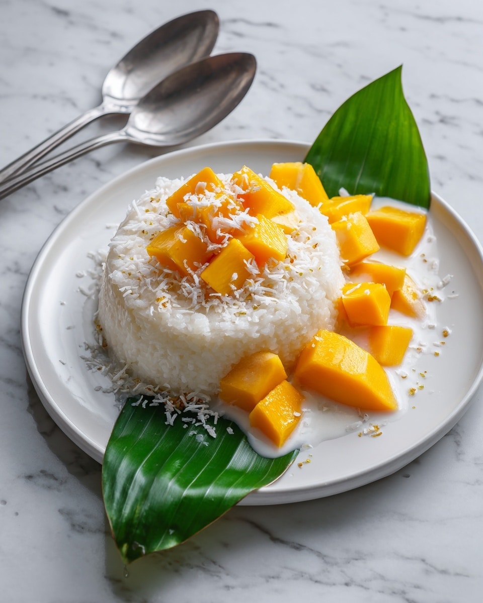 A single white round mound of sticky rice is placed in the center of a white plate with a green banana leaf underneath. Bright orange mango cubes are scattered around the sticky rice mound and on top, some covered partially with white coconut milk. Small white sesame seeds are sprinkled over the mango and rice. The plate is set on a white marbled surface with two silver spoons beside it. Photo taken with an iphone --ar 4:5 --v 7