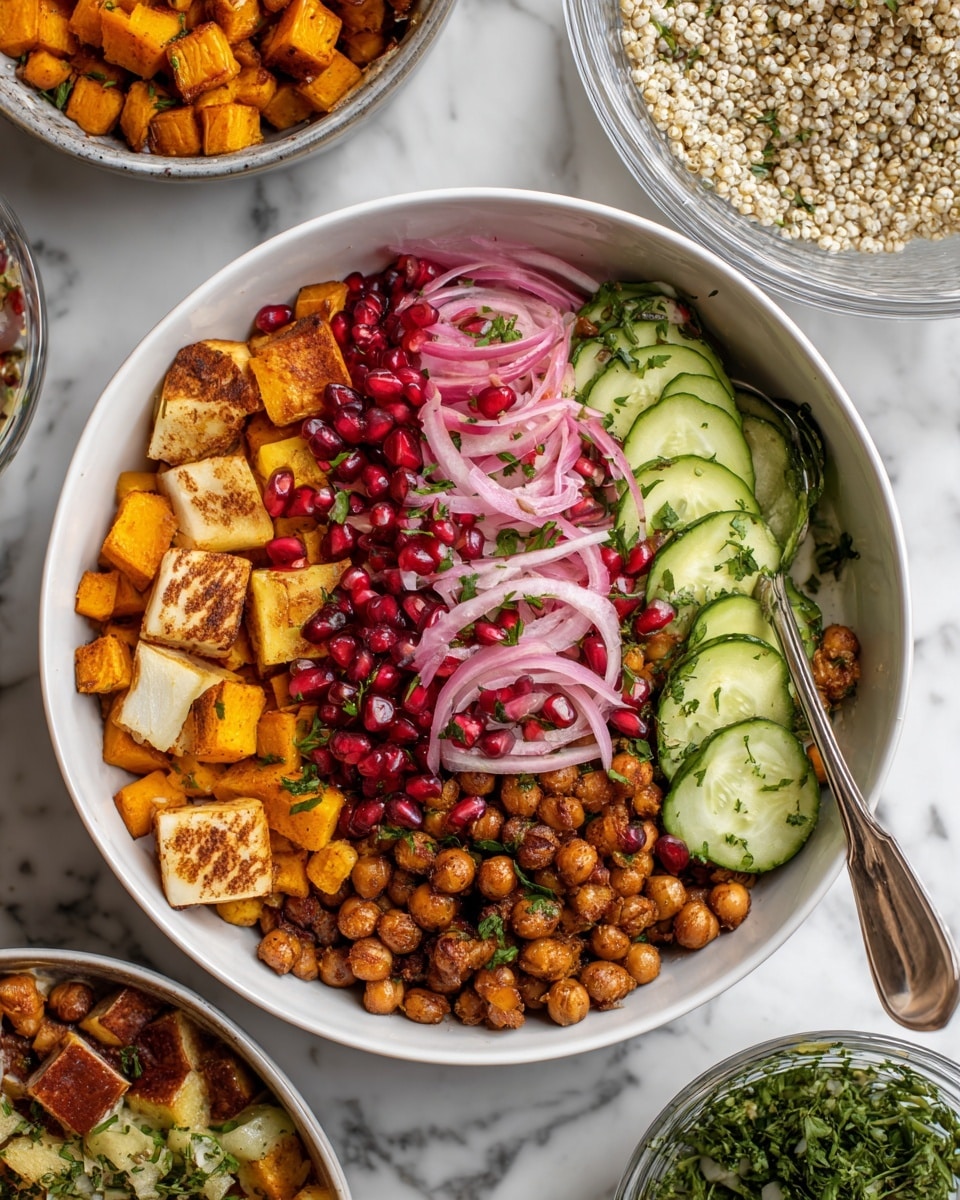 A white bowl filled with several layers of food, starting with roasted orange cubes spread around the edges along the bottom, followed by cooked chickpeas with a browned texture, topped with bright red pomegranate seeds scattered on top. There are thin slices of light pink pickled onions with small bits of chopped green herbs placed in the middle, next to thin slices of light green cucumber arranged in a neat line. Some browned cheese slices with a golden crust are placed on one side of the bowl. The bowl sits on a white marbled surface with a clear glass bowl containing small pearl-like grains mixed with chopped herbs and a silver spoon in it, along with white bowls holding more roasted cubes and chopped green herbs in the background, photo taken with an iphone --ar 4:5 --v 7