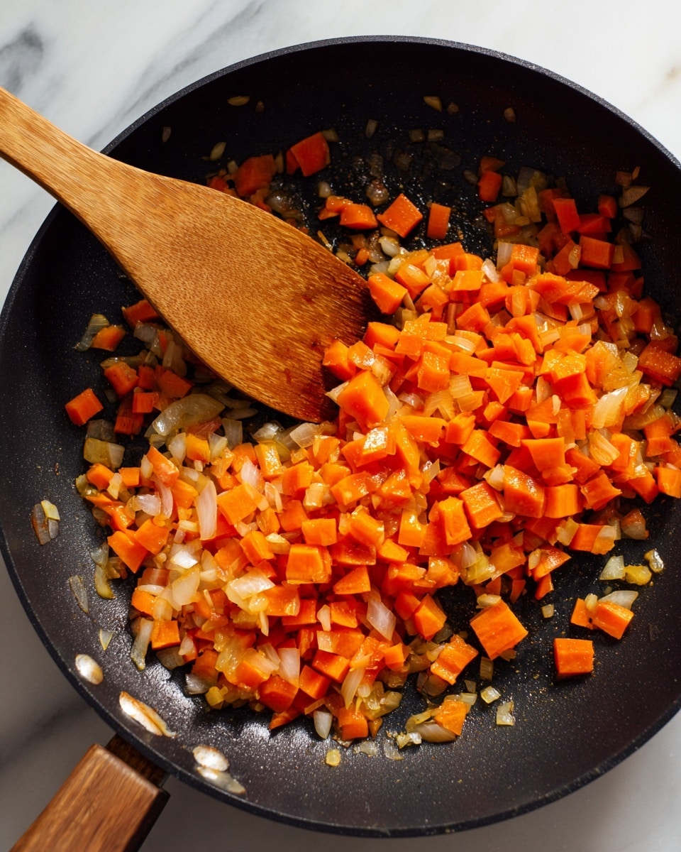 A close-up view of a black frying pan filled with two layers of chopped vegetables being cooked: bright orange carrot pieces and soft, translucent onion bits mixed together. A wooden spatula with a smooth texture rests inside the pan, partially stirring the vegetables. The pan sits on a white marbled surface, and the scene has natural light highlighting the warm colors and slight gloss of the cooked vegetables. Photo taken with an iphone --ar 4:5 --v 7