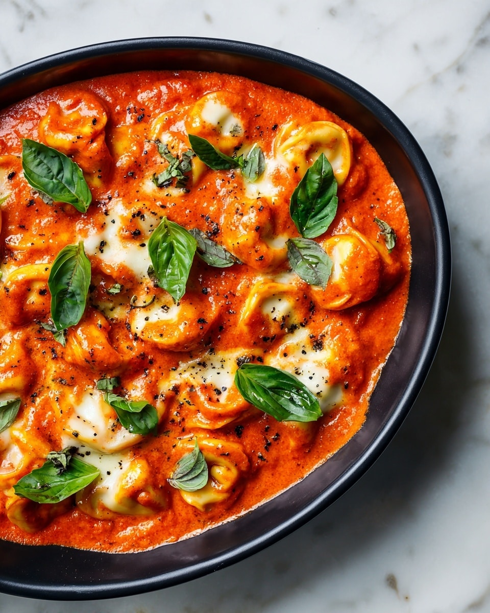 A close-up top view of a black oval dish filled with creamy red tomato sauce, with white tortellini pasta pieces spread evenly across the surface. Bright green basil leaves are scattered on top, adding a fresh contrast to the red sauce and white pasta. The sauce looks smooth with a few small black pepper specks throughout. The dish sits on a white marbled surface. The photo is taken with an iphone --ar 4:5 --v 7