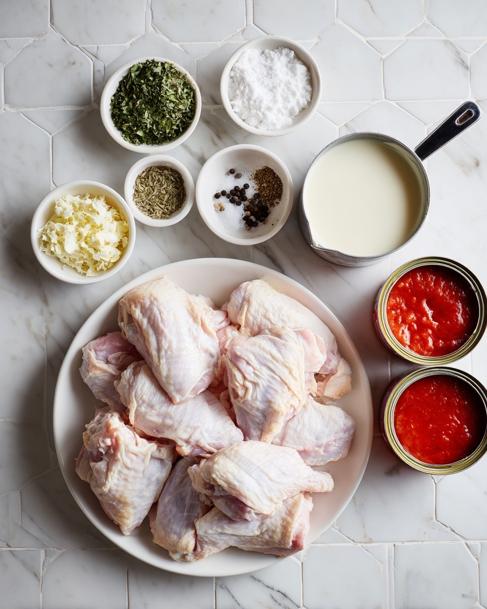 The image shows a white plate filled with several raw chicken pieces placed at the bottom center, surrounded by small white bowls and containers at the top. These bowls contain various spices and ingredients: finely chopped green herbs, white powder, dried green herbs, minced garlic, black pepper, and a white granular substance, likely salt, arranged neatly. There are also two open cans with red contents, positioned to the right of the bowls, and a white container with a black handle holding a creamy white liquid in the middle. The background surface is a white marbled texture with a tiled pattern. photo taken with an iphone --ar 4:5 --v 7