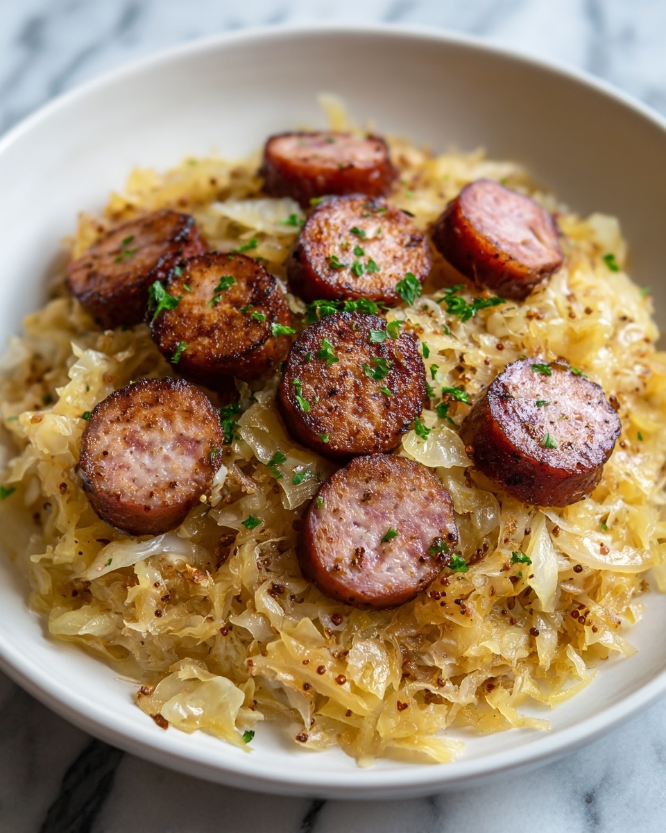 A white plate holds a dish with two main layers: the bottom layer is made up of cooked, light yellow shredded cabbage mixed with pale onion pieces, showing a soft, tender texture; scattered throughout are brown caraway seeds that add detail. Above the cabbage, there are several thick, round slices of browned sausage with a smooth, pinkish interior and crispy, dark reddish-brown edges that stand out against the lighter colors of the cabbage. Small green parsley flakes are sprinkled on top as a fresh garnish. The plate is placed on a white marbled surface and the photo is taken with an iphone --ar 4:5 --v 7