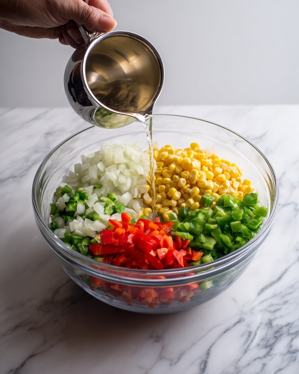 A clear glass bowl sits on a white marbled surface, filled with six visible layers of ingredients arranged in separate sections: bright yellow corn, light green celery slices, finely chopped white onions, green peas, diced green bell peppers, and finely chopped red bell peppers in the front. A woman's hand holds a small silver pot tilted above the bowl, pouring a thin stream of clear liquid over the vegetables, catching light as it flows. The bowl's transparency shows the colors and textures of the fresh ingredients clearly. photo taken with an iphone --ar 4:5 --v 7