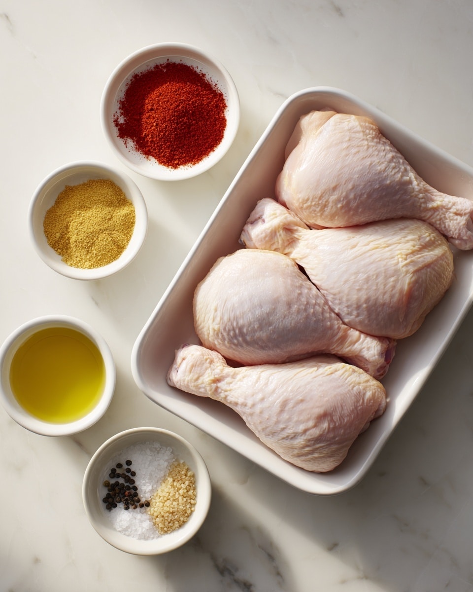 The image shows four raw chicken pieces with pale pink skin neatly lined up in a white rectangular dish placed on a white marbled surface. Around the dish, six small white bowls hold different spices and oils: one with bright red powder, one with golden yellow oil, one with light yellow granules, another with dark black pepper, one with coarse white salt, and the last with light beige granules. The arrangement is clean and minimalistic, with a soft natural light highlighting the colors and textures of the ingredients. Photo taken with an iphone --ar 4:5 --v 7