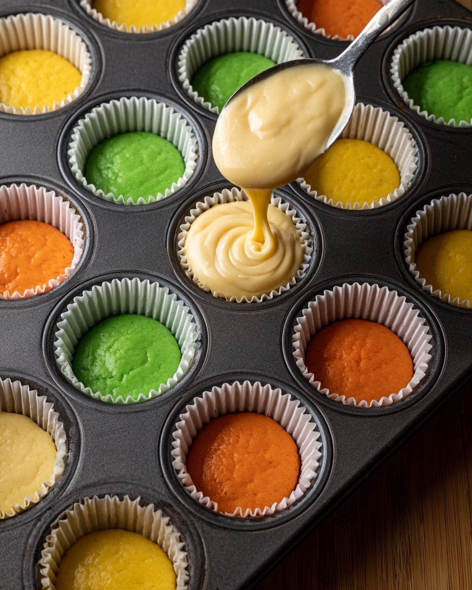 A dark gray muffin tray holds twelve white paper liners in shades of green, yellow, and orange, each filled with smooth, pale yellow batter. A spoon drips batter into one of the orange liners in the center, showing a thick and creamy texture. The background is a white marbled texture, and part of a wooden surface is visible beneath the tray. photo taken with an iphone --ar 4:5 --v 7